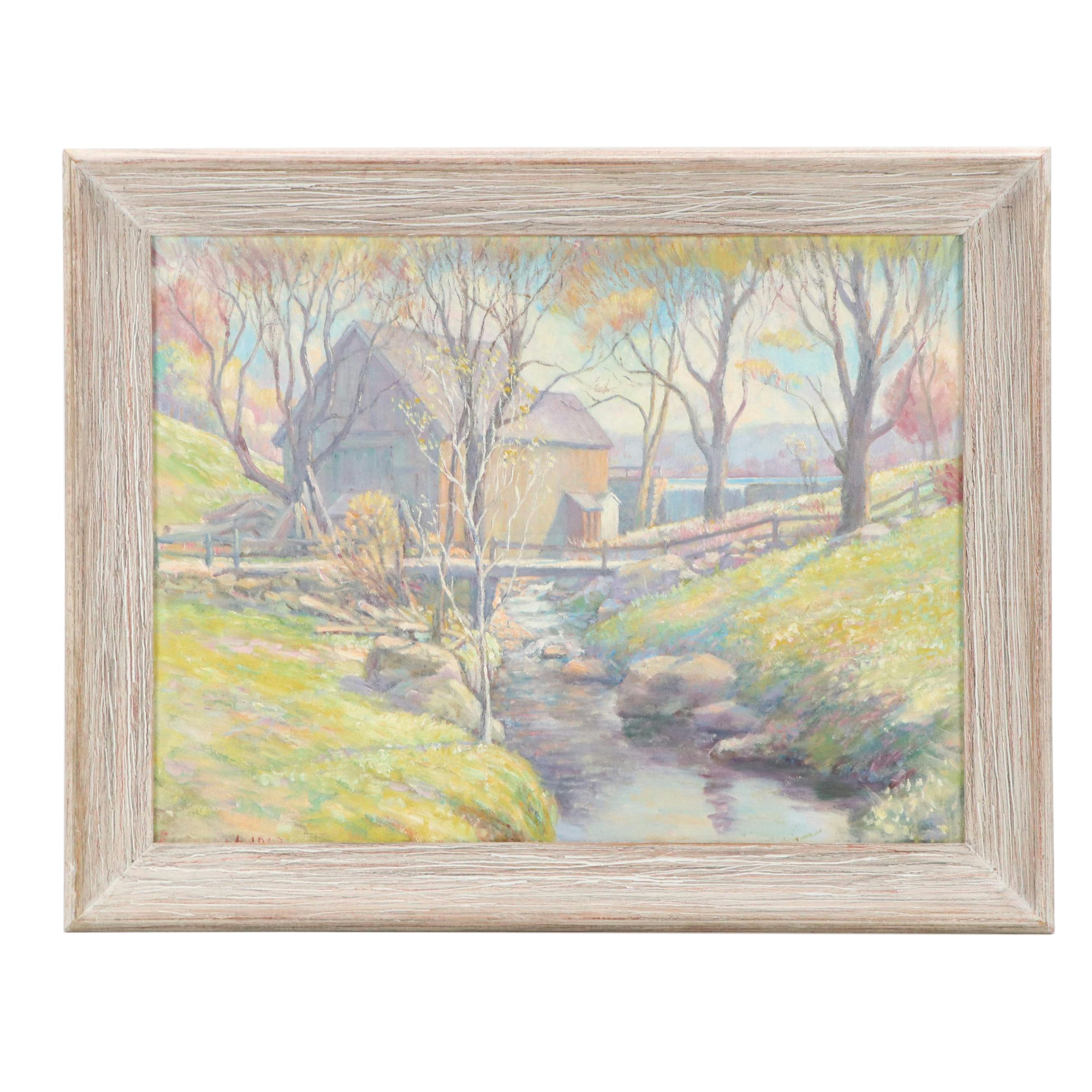 Watermill Landscape Oil Painting, 1960s