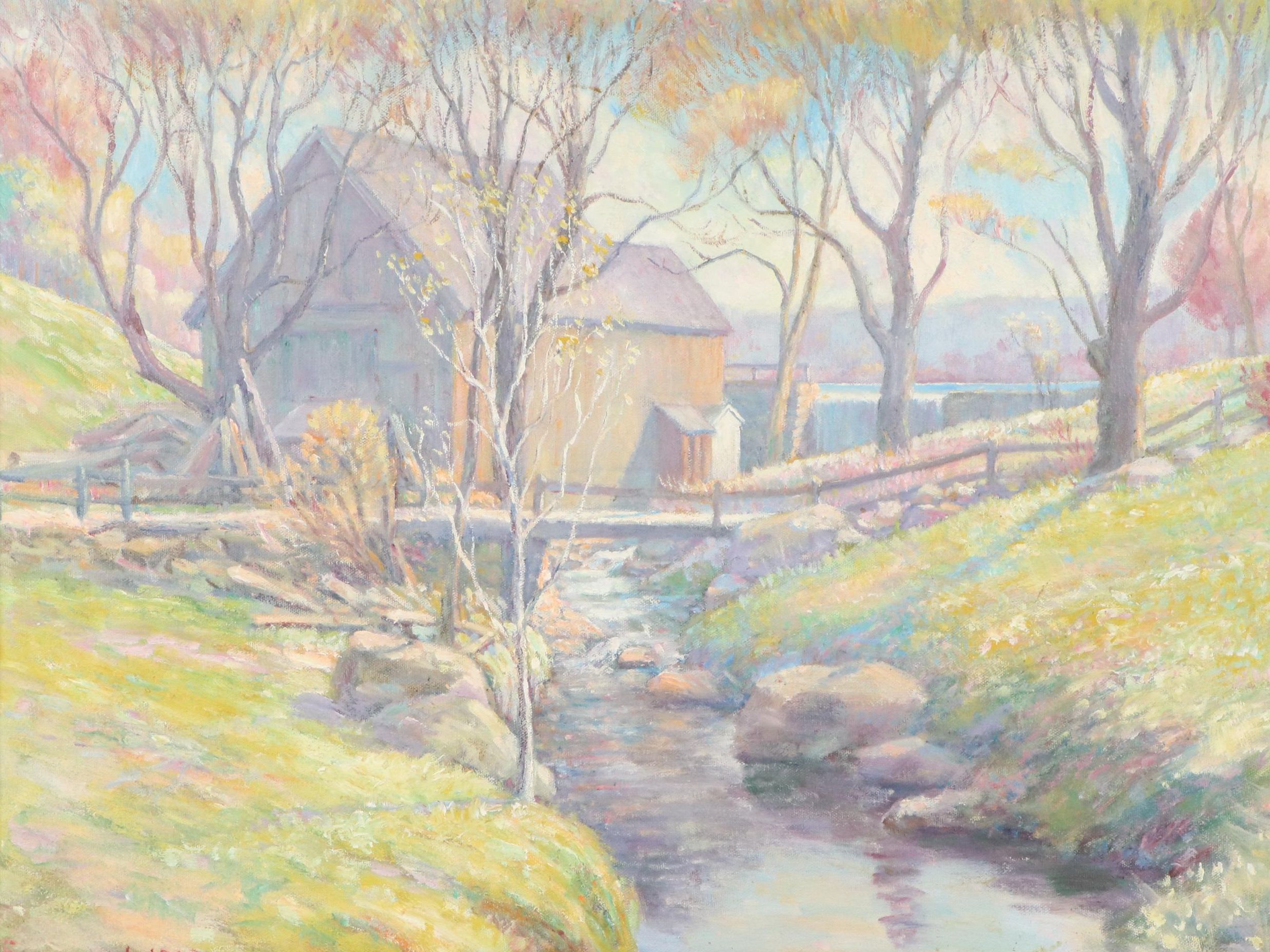 Watermill Landscape Oil Painting, 1960s