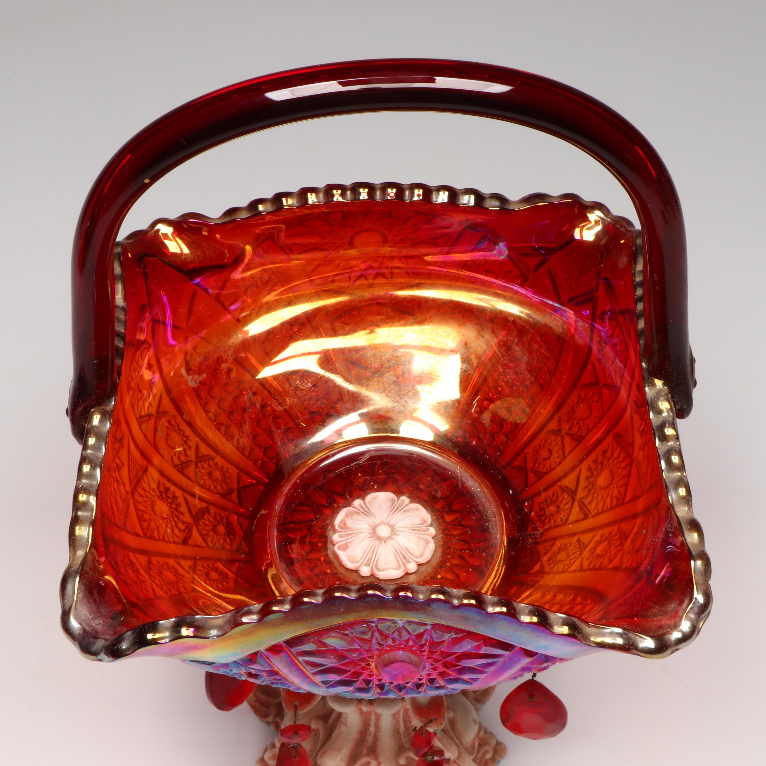 Indiana Sunset Carnival Glass Baskets and Bowl, Mid to Late 20th Century