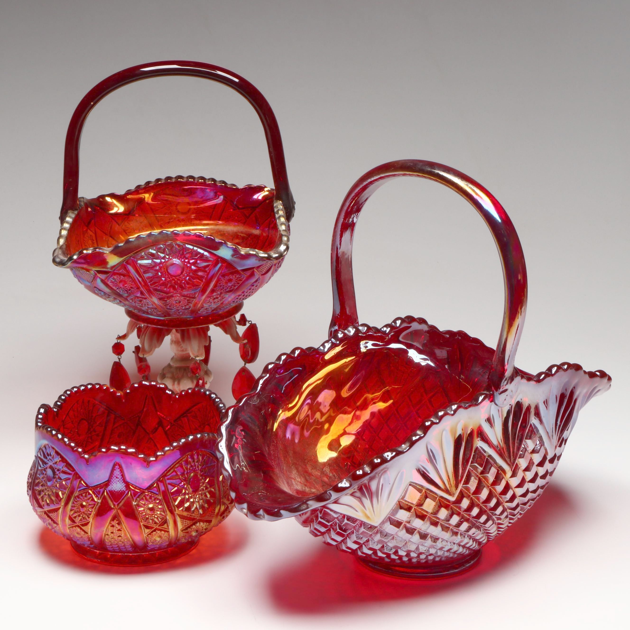 Indiana Sunset Carnival Glass Baskets and Bowl, Mid to Late 20th Century