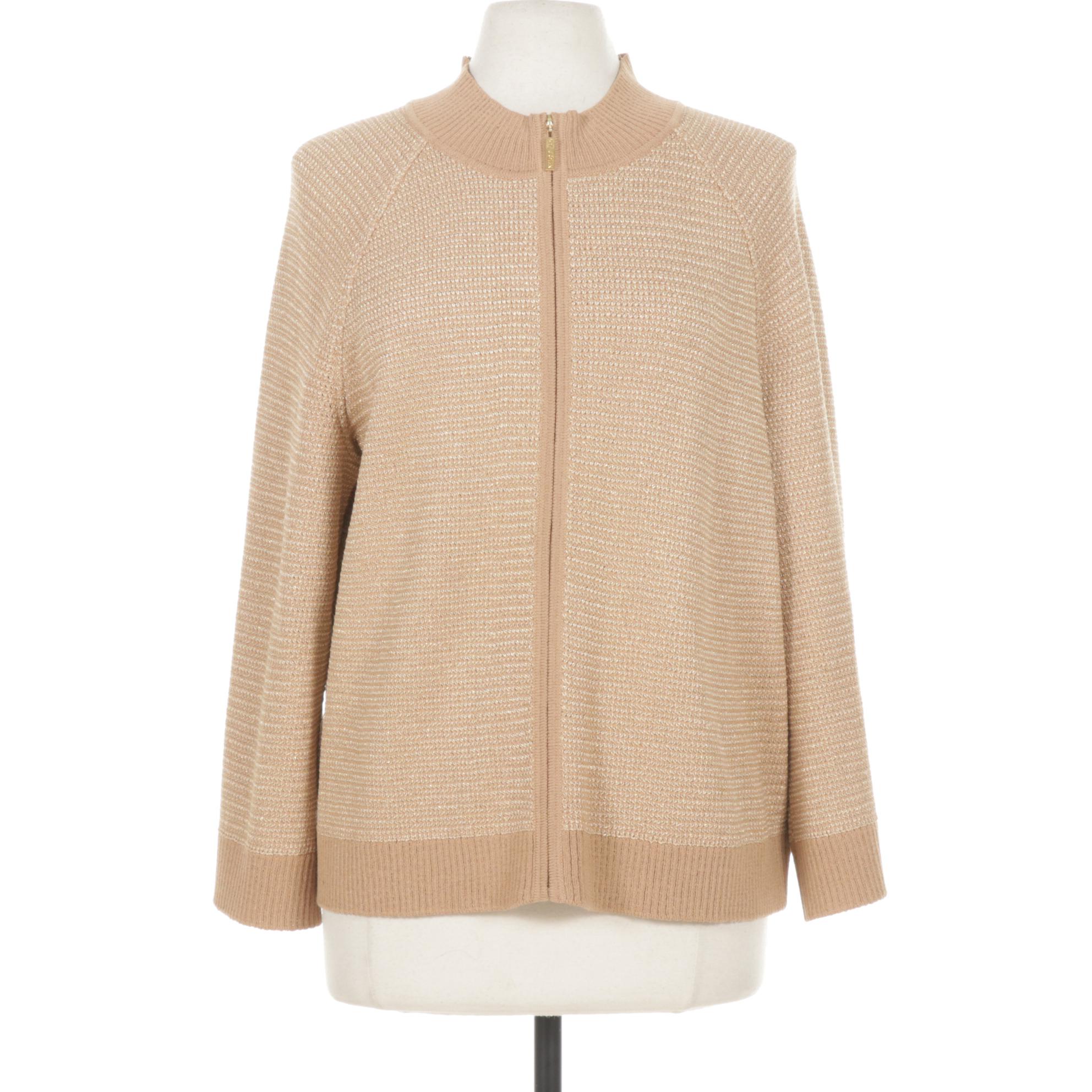 St. John Tan and Gold Metallic Knit Zip-Front Sweater, XL
