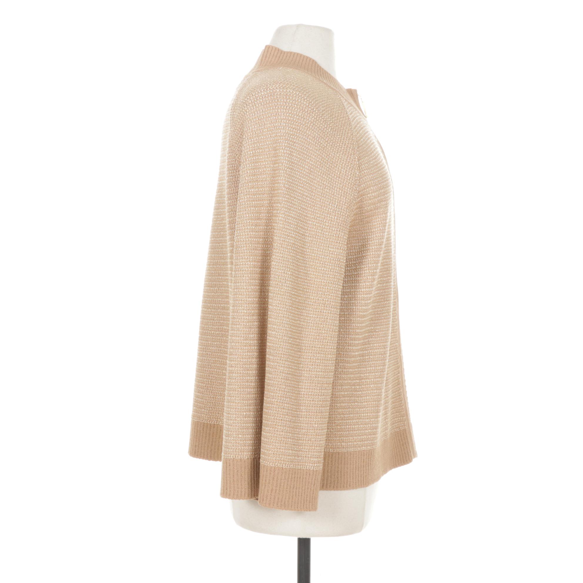 St. John Tan and Gold Metallic Knit Zip-Front Sweater, XL