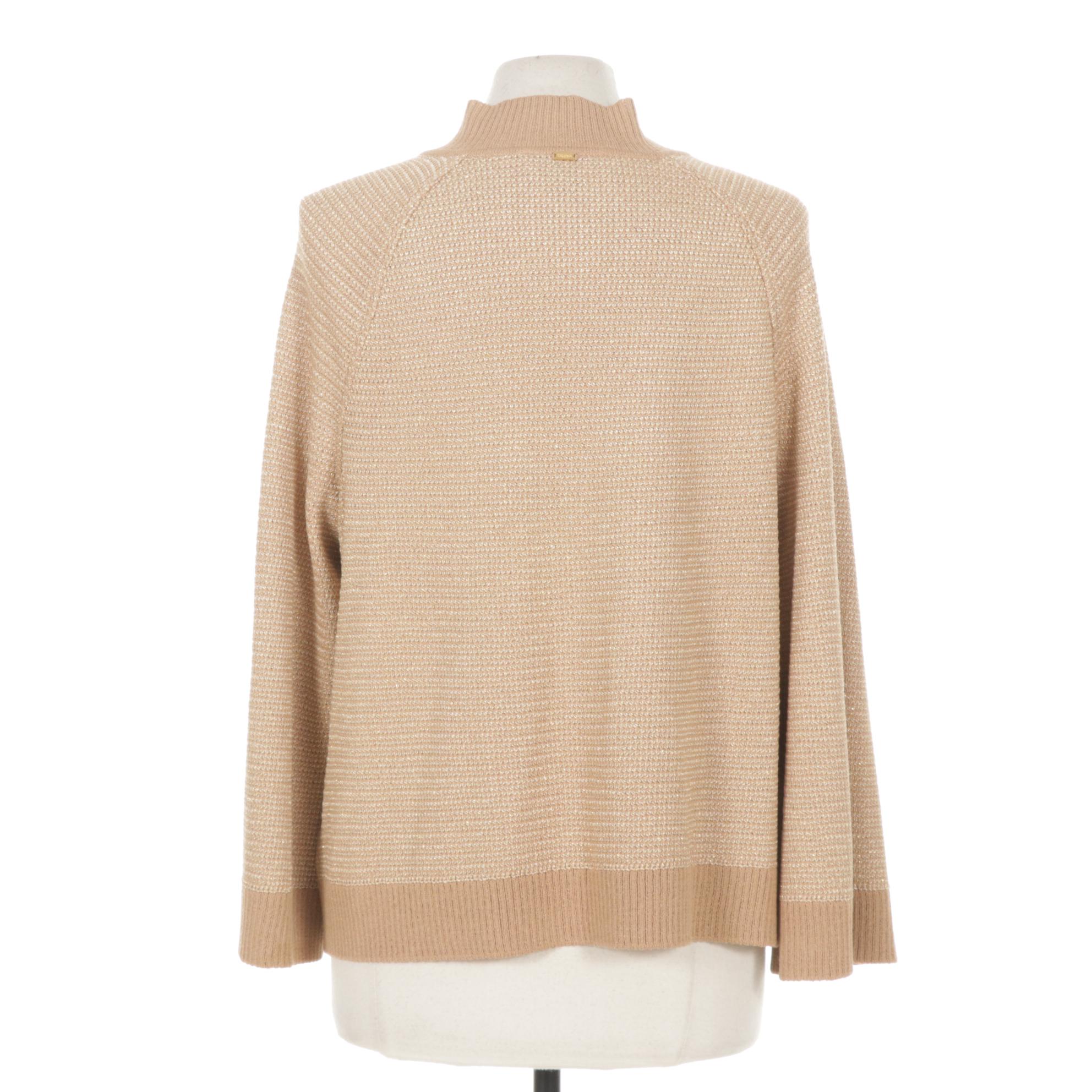 St. John Tan and Gold Metallic Knit Zip-Front Sweater, XL