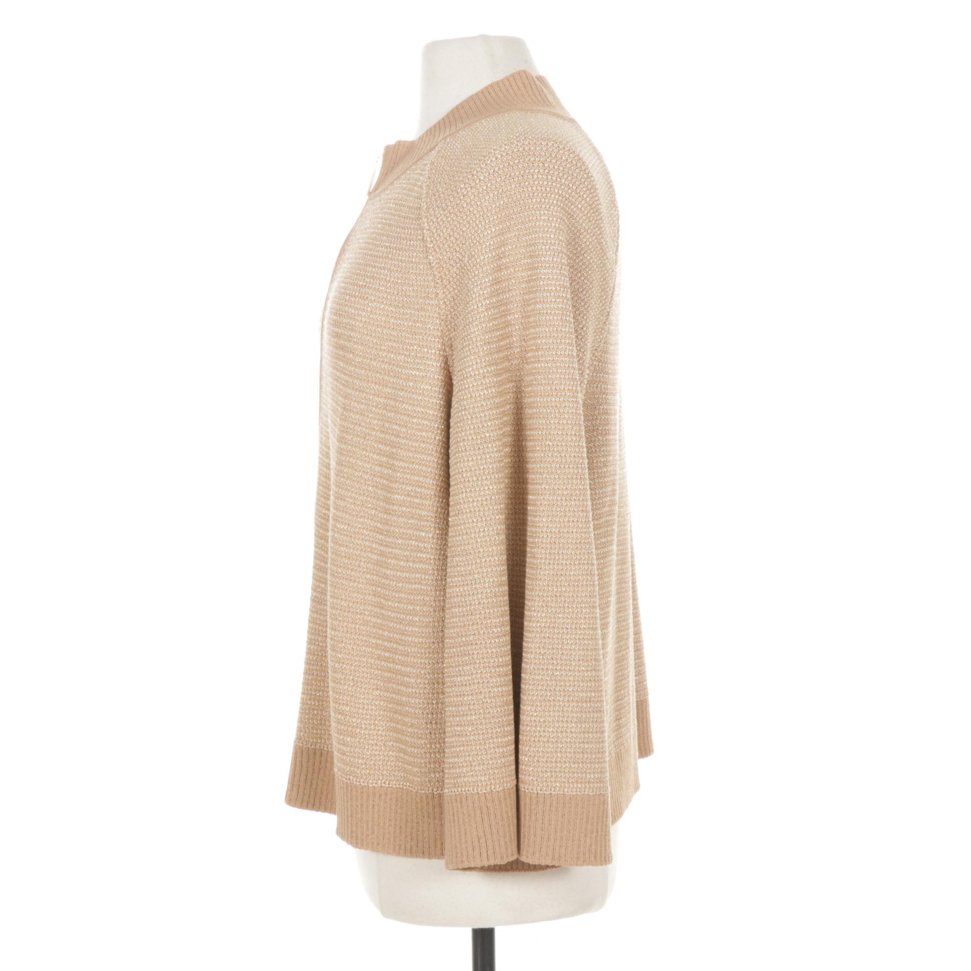 St. John Tan and Gold Metallic Knit Zip-Front Sweater, XL
