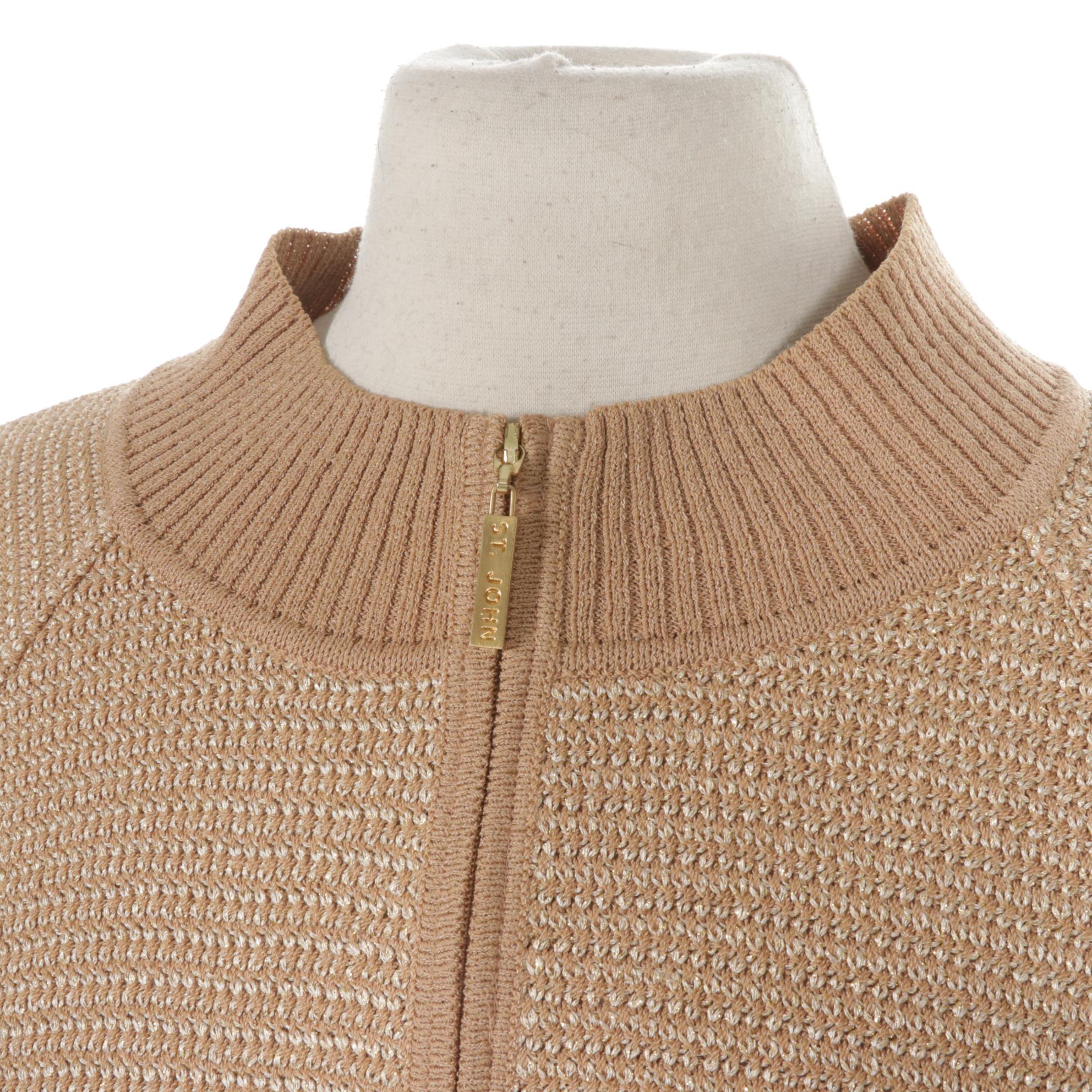 St. John Tan and Gold Metallic Knit Zip-Front Sweater, XL
