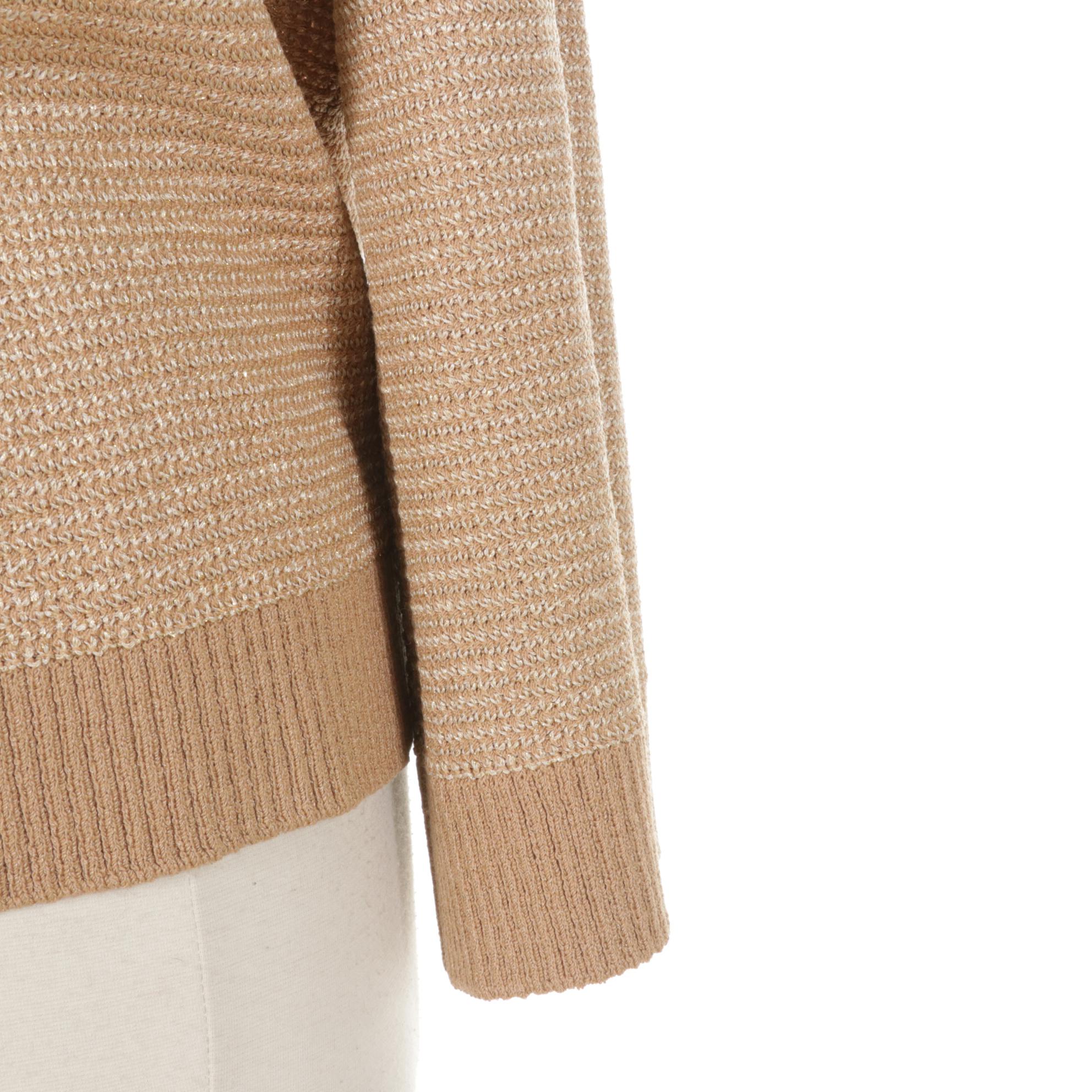 St. John Tan and Gold Metallic Knit Zip-Front Sweater, XL