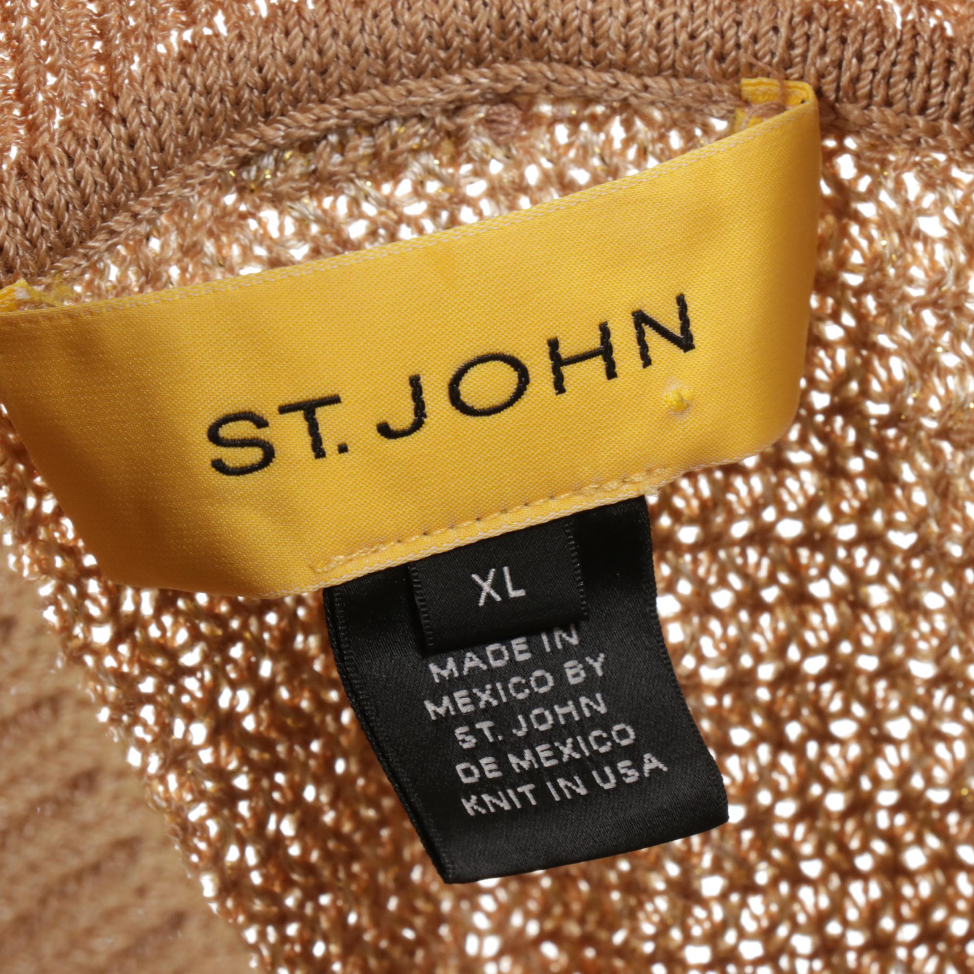 St. John Tan and Gold Metallic Knit Zip-Front Sweater, XL