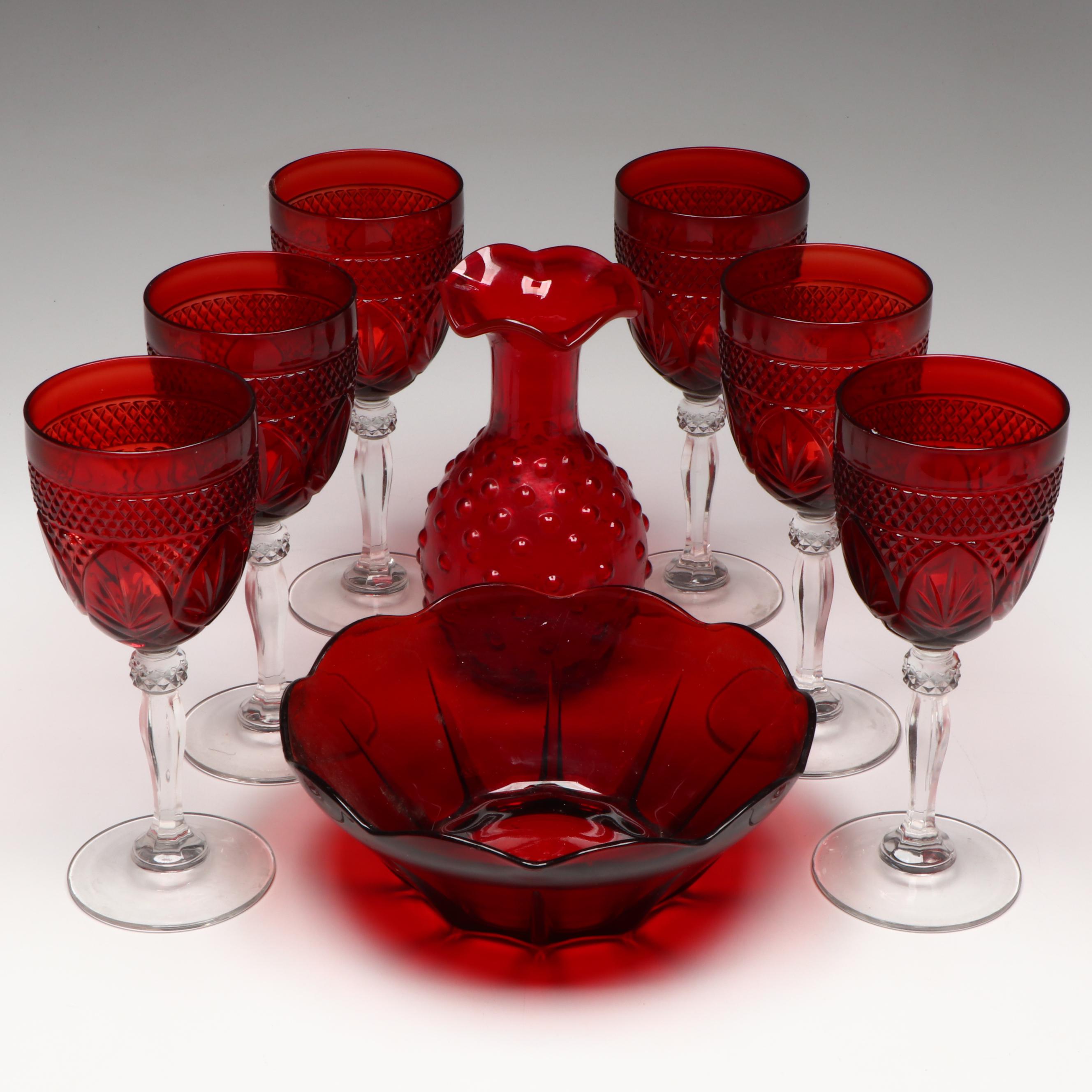 Cristal D'Arques-Durand "Antique Ruby" Water Goblets and Other Table Accessories