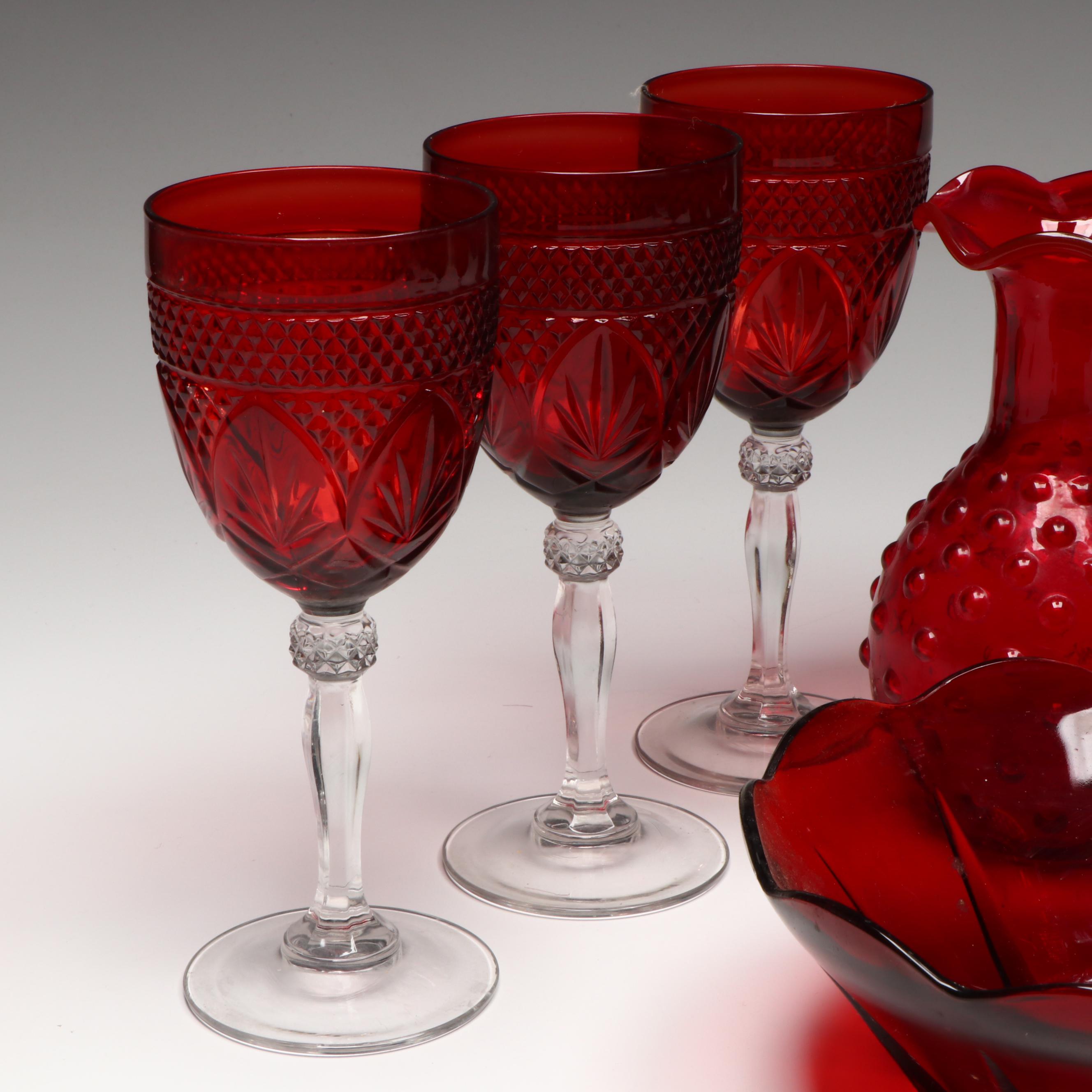 Cristal D'Arques-Durand "Antique Ruby" Water Goblets and Other Table Accessories