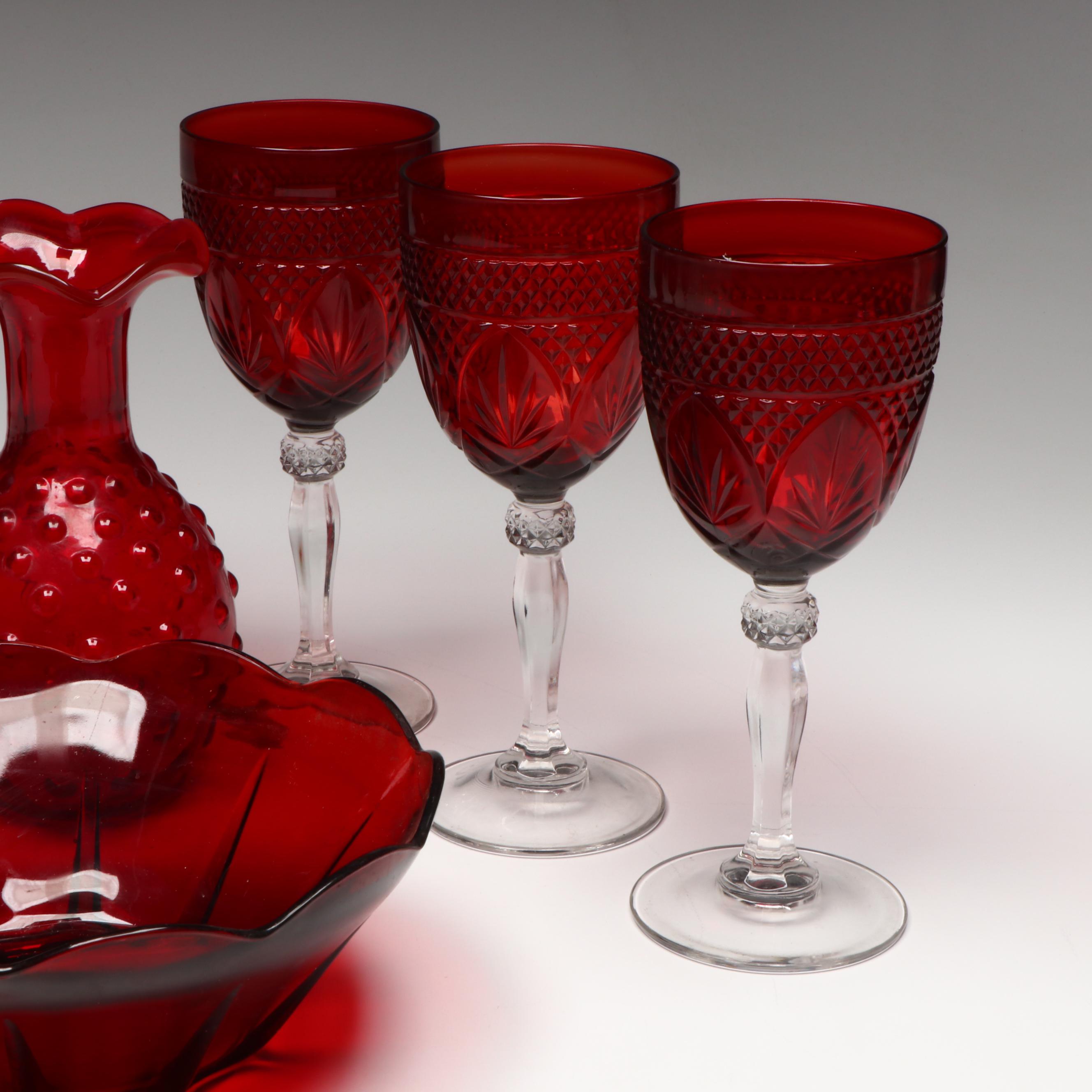 Cristal D'Arques-Durand "Antique Ruby" Water Goblets and Other Table Accessories