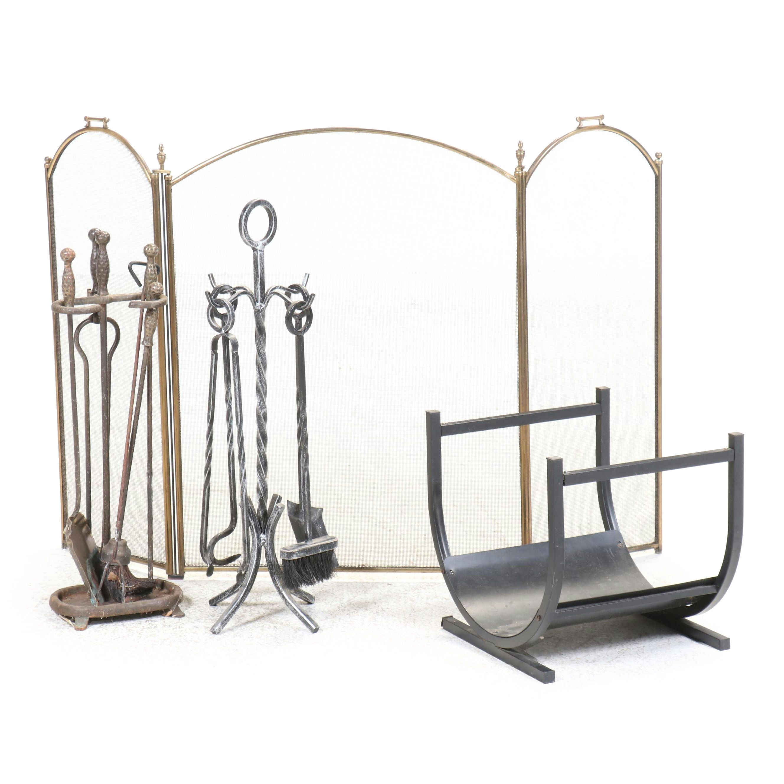 Federal Style Three Panel Fire Screen with Other Fireplace Accessories