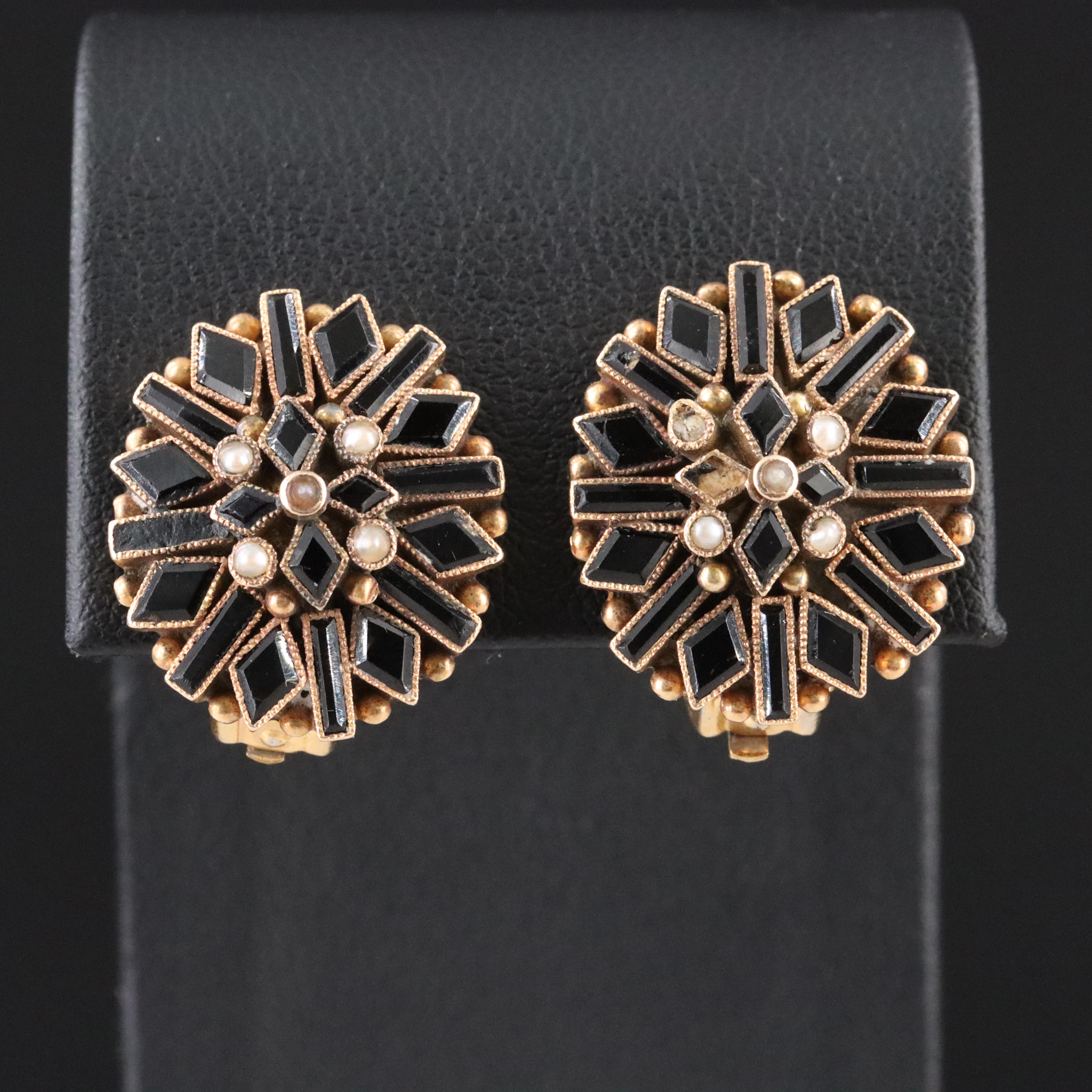 Antique 10K Obsidian and Seed Pearl Earrings
