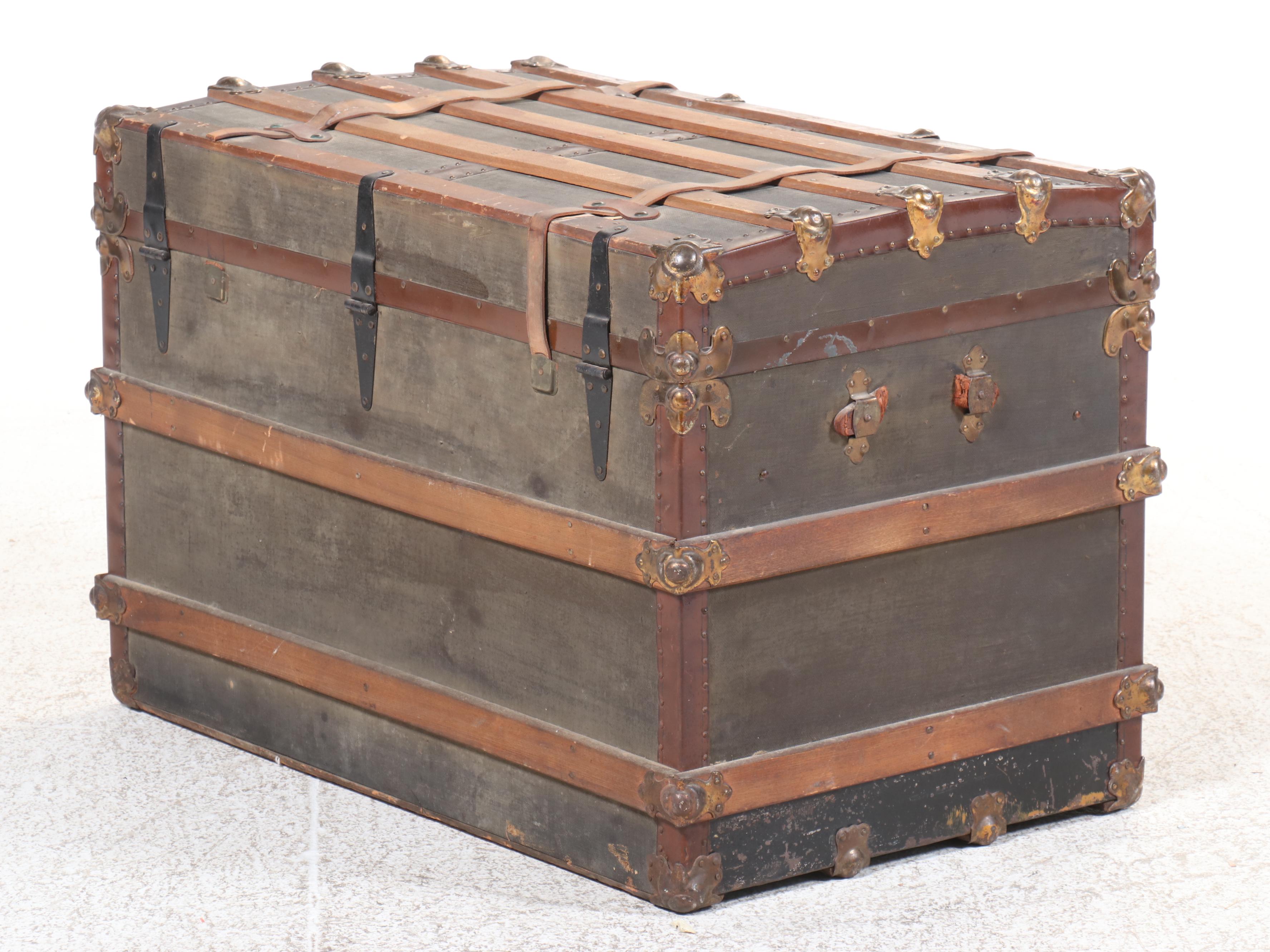 Victorian Wood-Bound Steamer Trunk, Late 19th/Early 20th Century