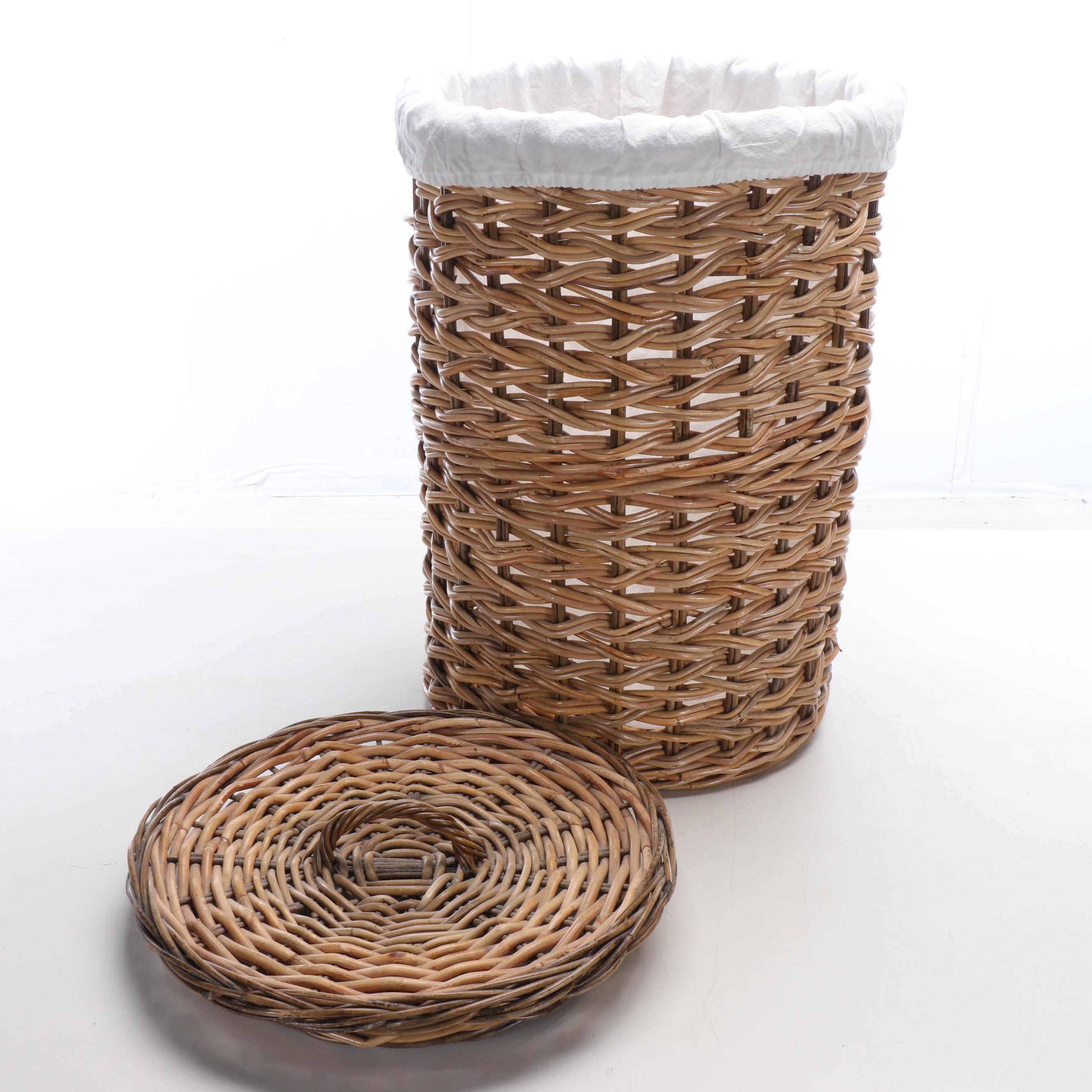 Indonesian Fabric-Lined Rattan Round Woven Laundry Basket