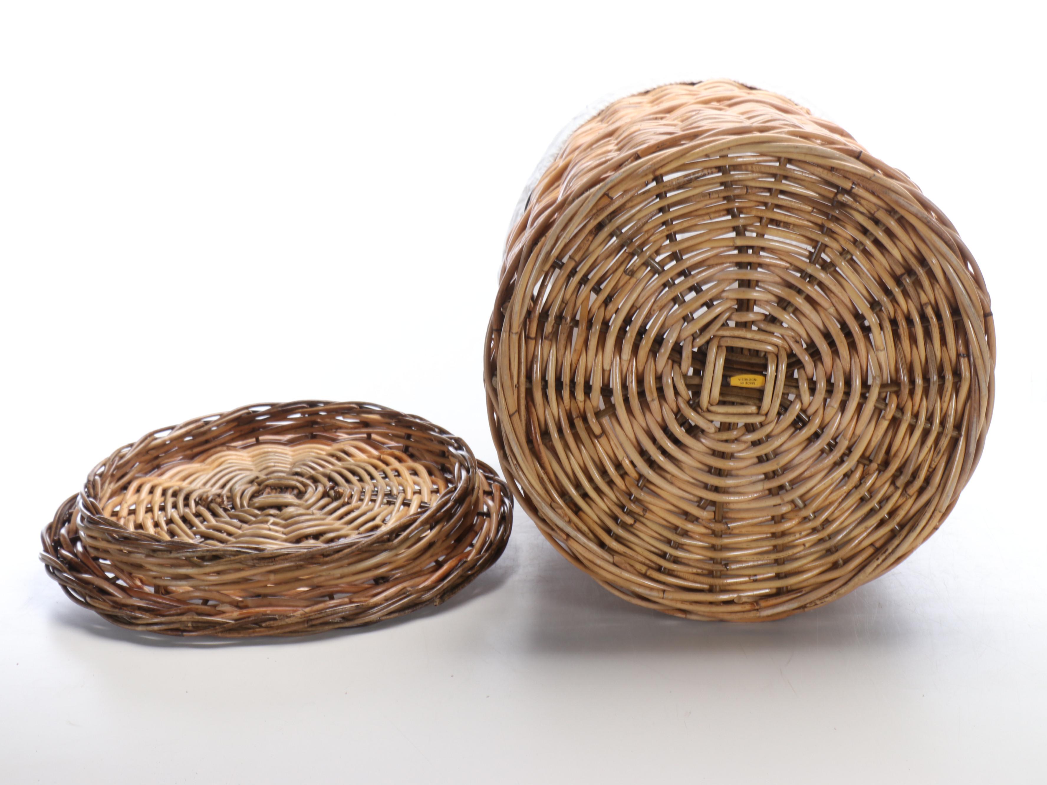Indonesian Fabric-Lined Rattan Round Woven Laundry Basket