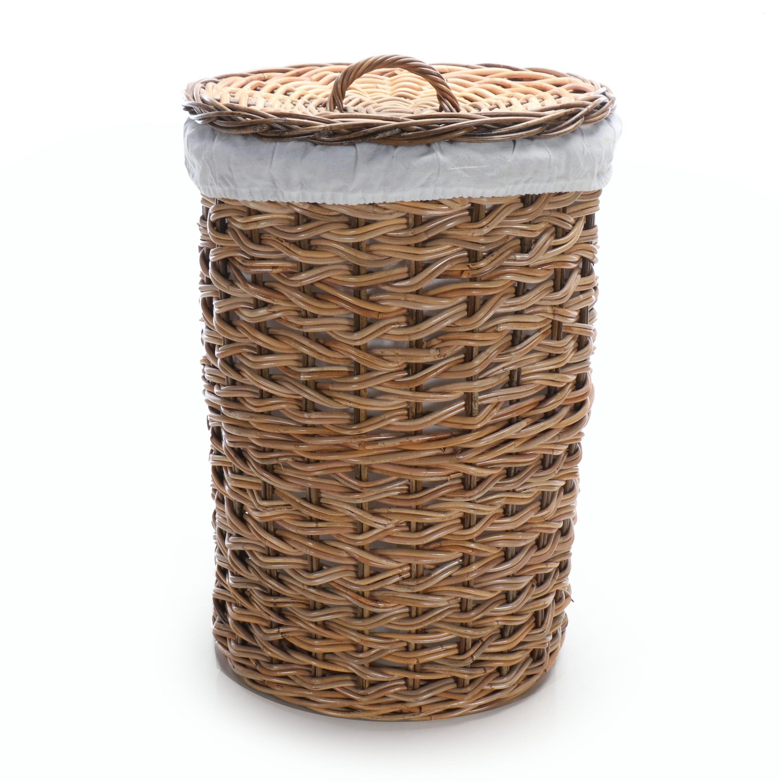 Indonesian Fabric-Lined Rattan Round Woven Laundry Basket