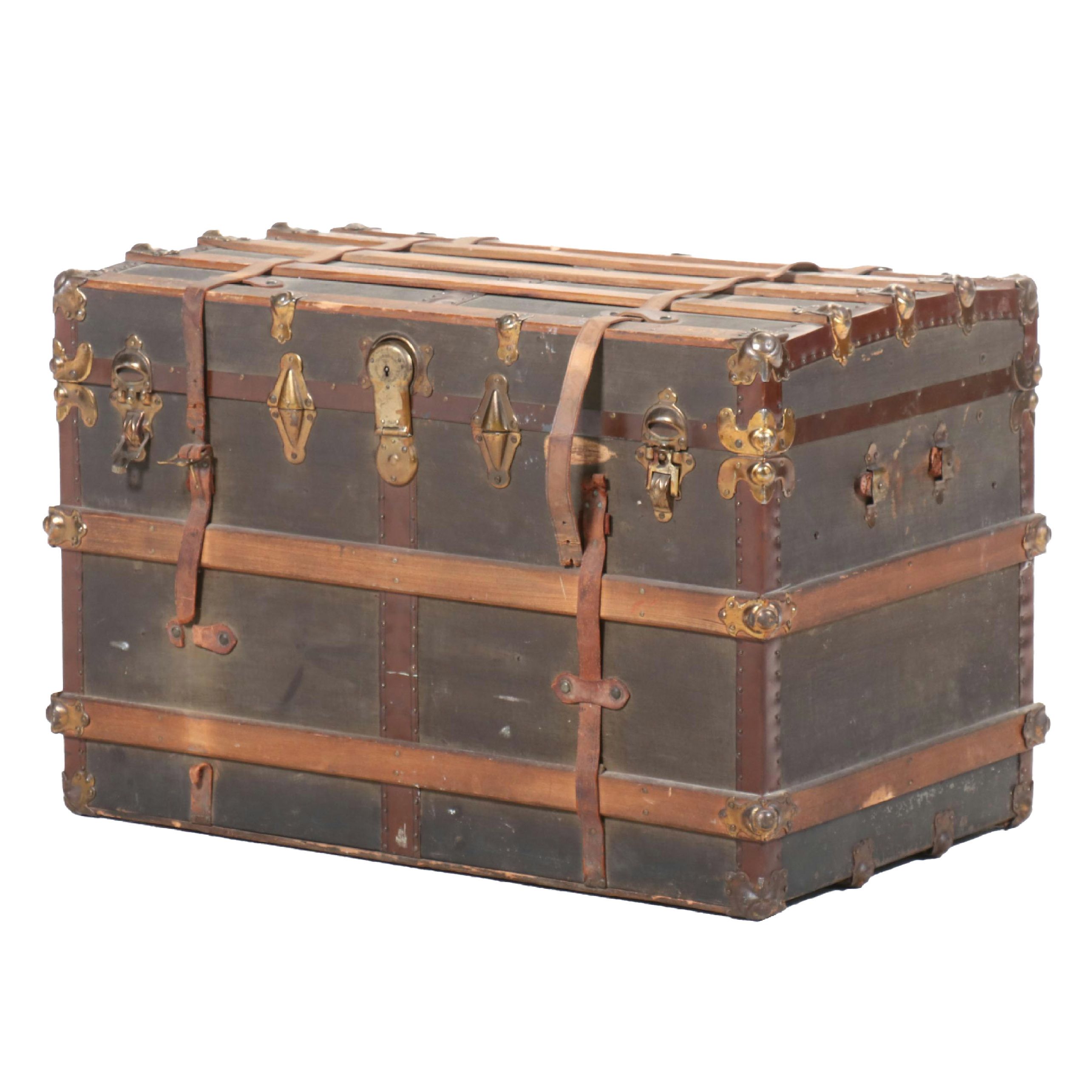 Victorian Wood-Bound Steamer Trunk, Late 19th/Early 20th Century