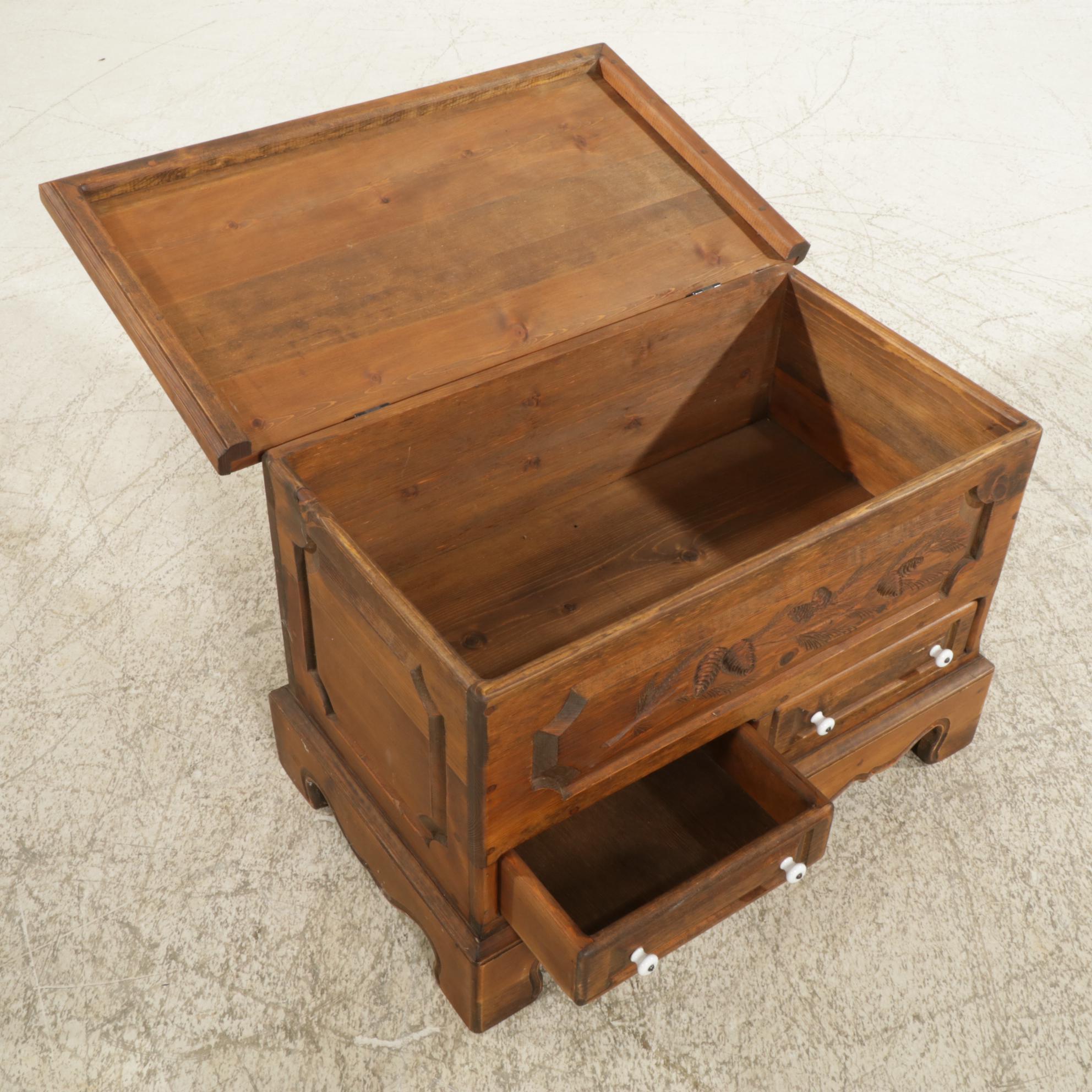 Small Pine Blanket Chest with Carved Pinecone Decoration