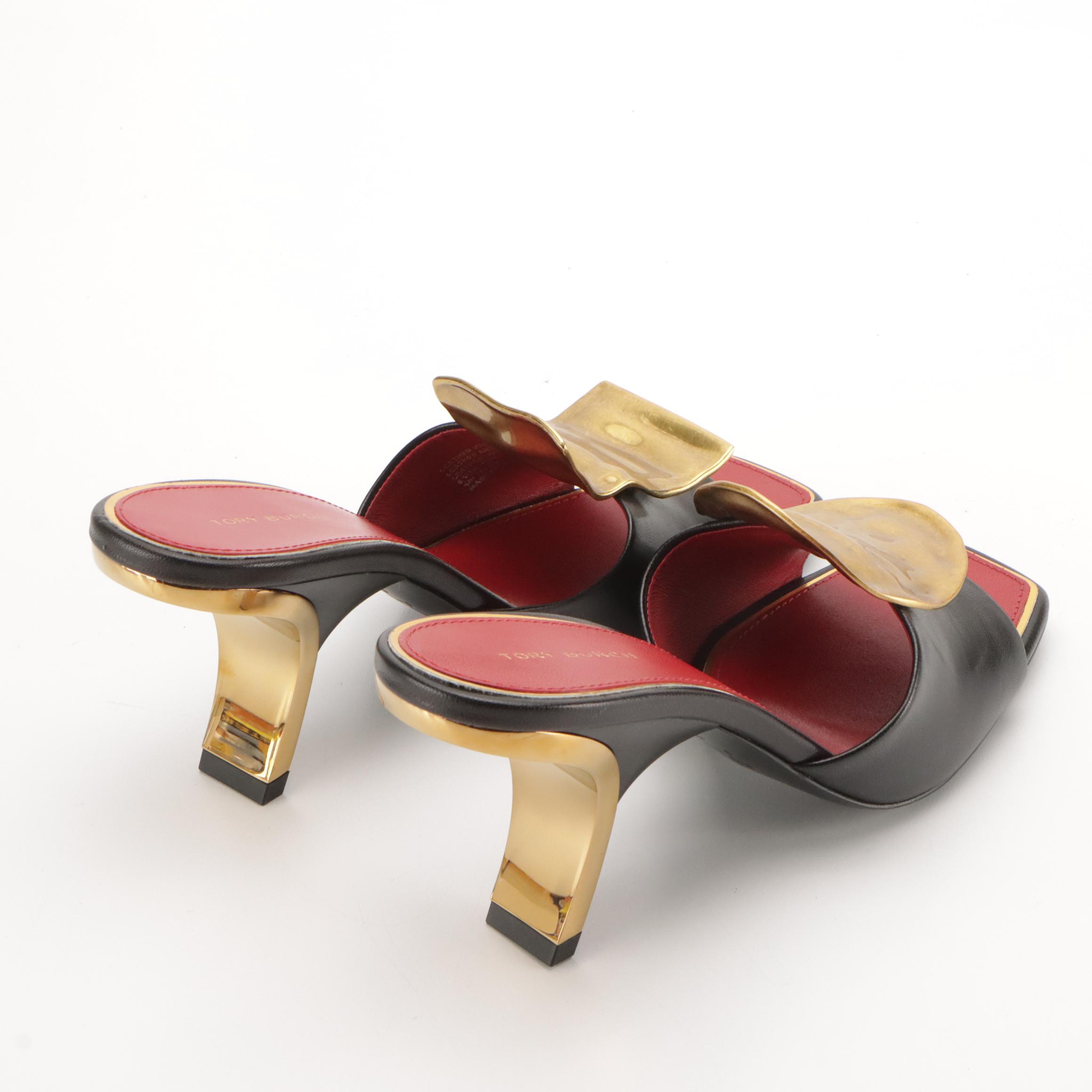 Tory Burch Patos Mismatched Heeled Mule in Gold Tone Metal and Black Leather