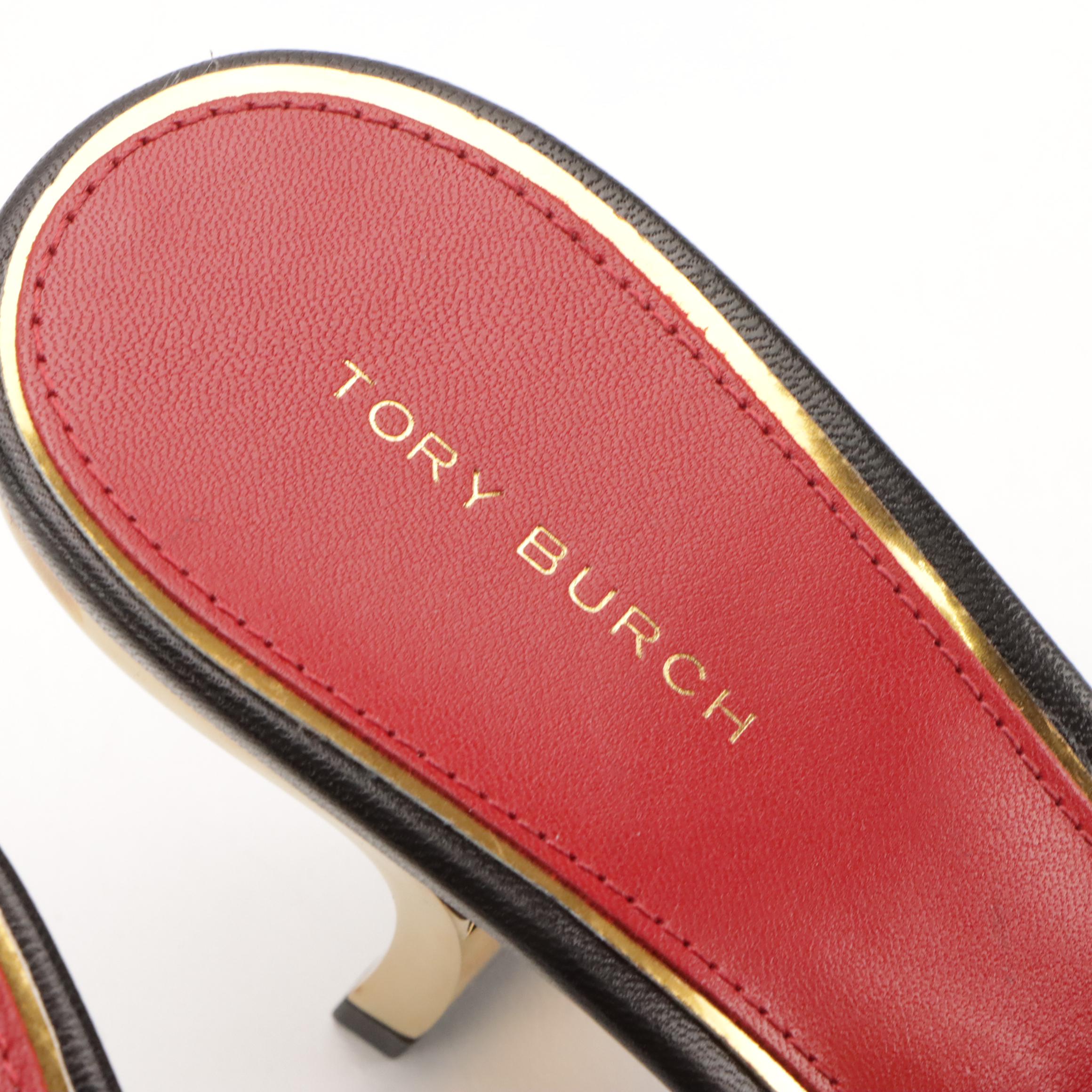 Tory Burch Patos Mismatched Heeled Mule in Gold Tone Metal and Black Leather