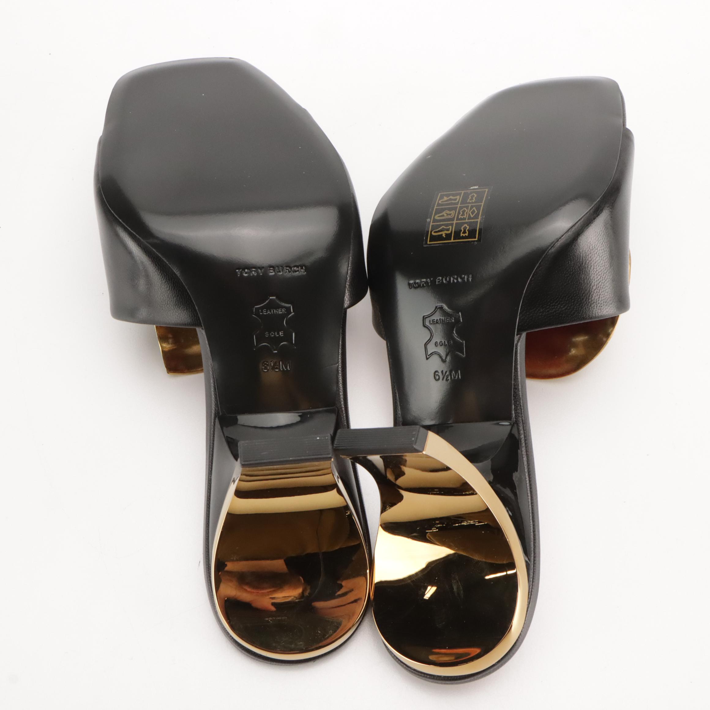 Tory Burch Patos Mismatched Heeled Mule in Gold Tone Metal and Black Leather