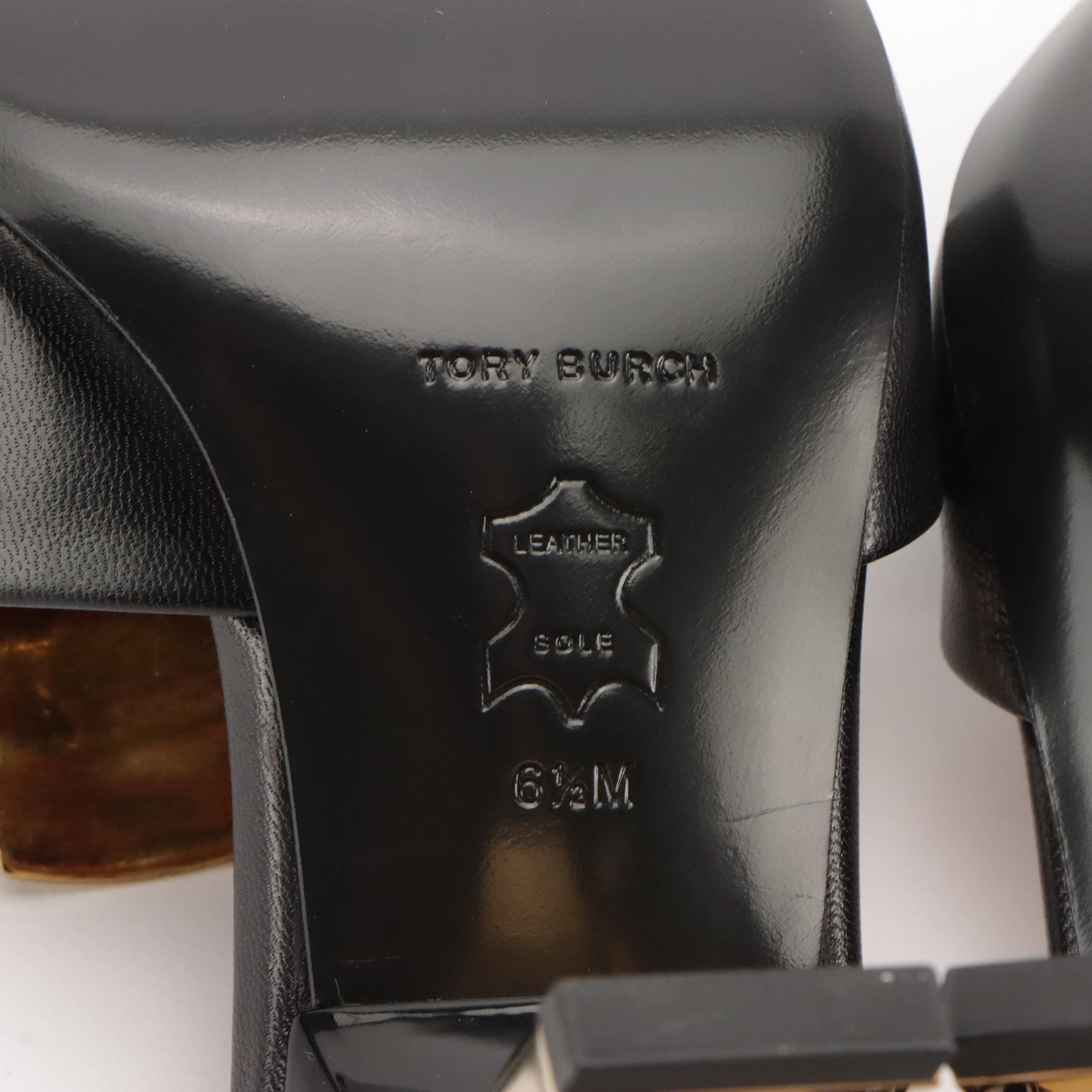 Tory Burch Patos Mismatched Heeled Mule in Gold Tone Metal and Black Leather