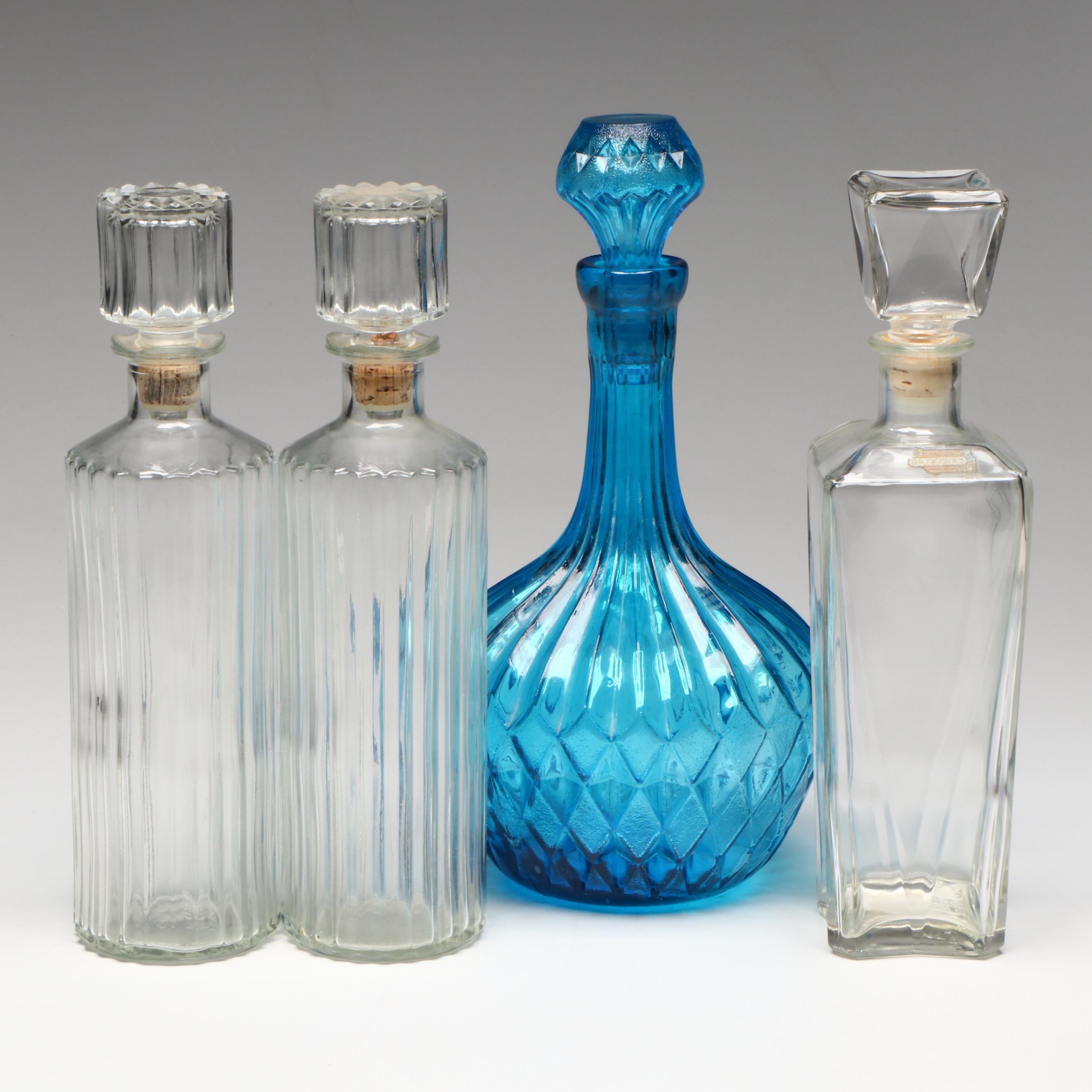 Mid Century Modern Style Blue Glass Diamond Pattern with Other Glass Decanters