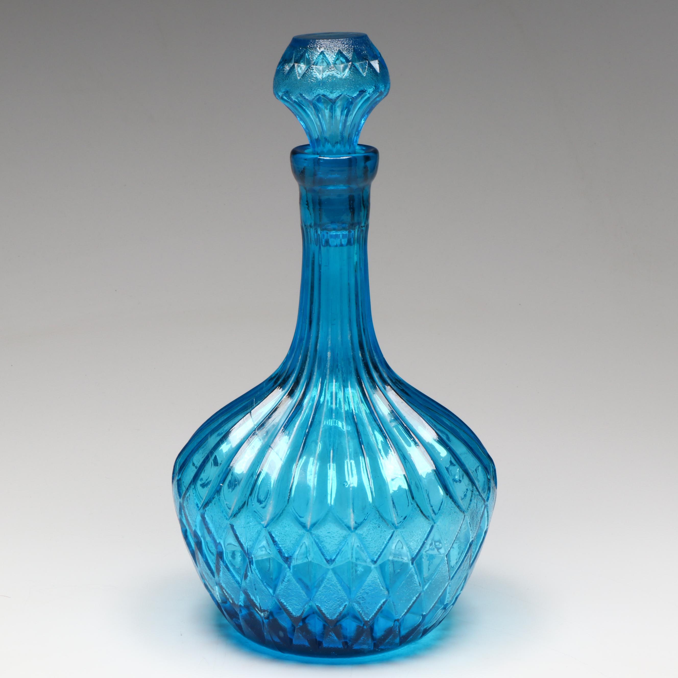 Mid Century Modern Style Blue Glass Diamond Pattern with Other Glass Decanters