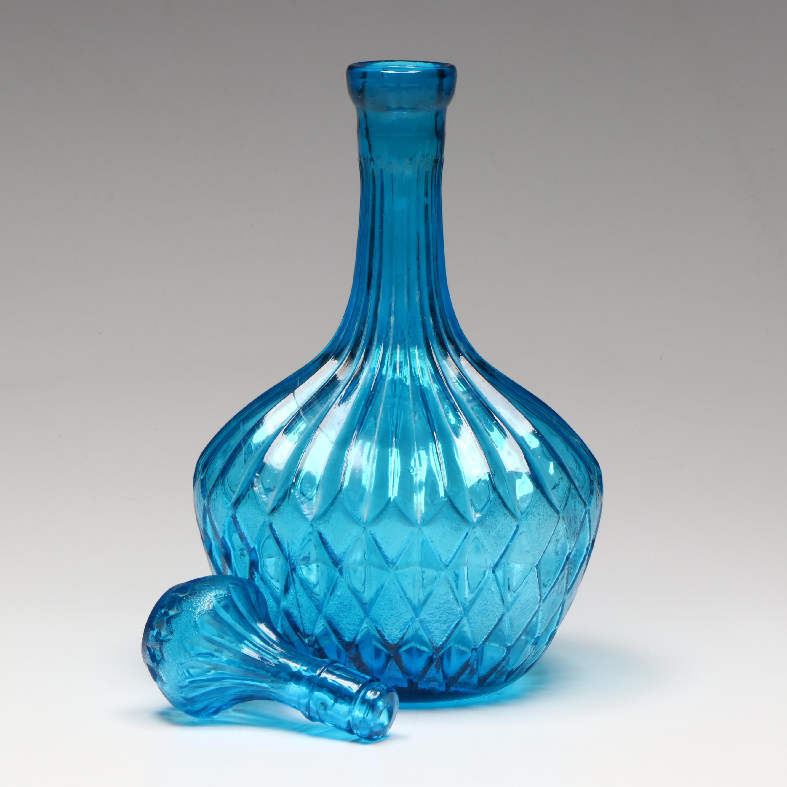 Mid Century Modern Style Blue Glass Diamond Pattern with Other Glass Decanters