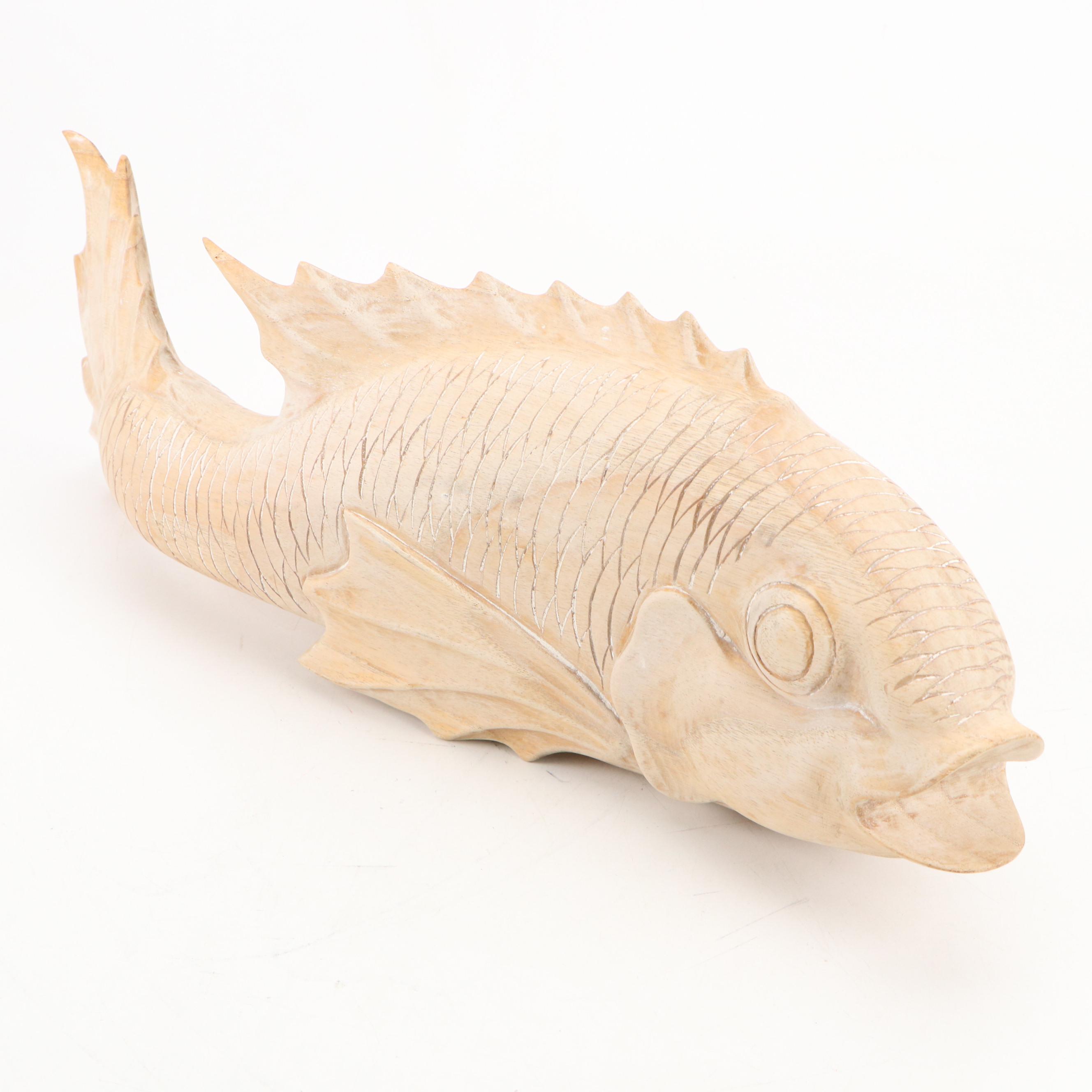 Artist Signed Carved Wooden Koi