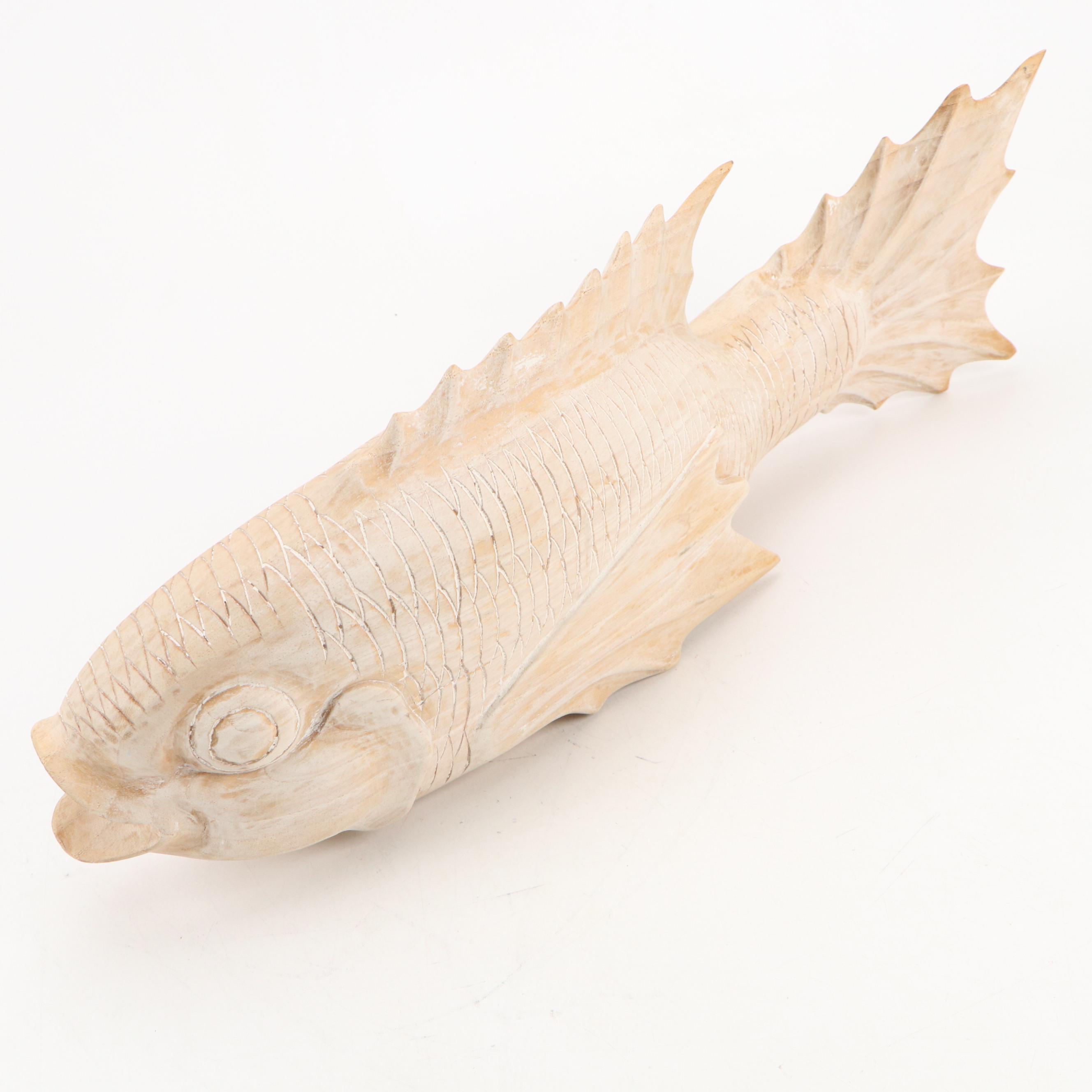 Artist Signed Carved Wooden Koi