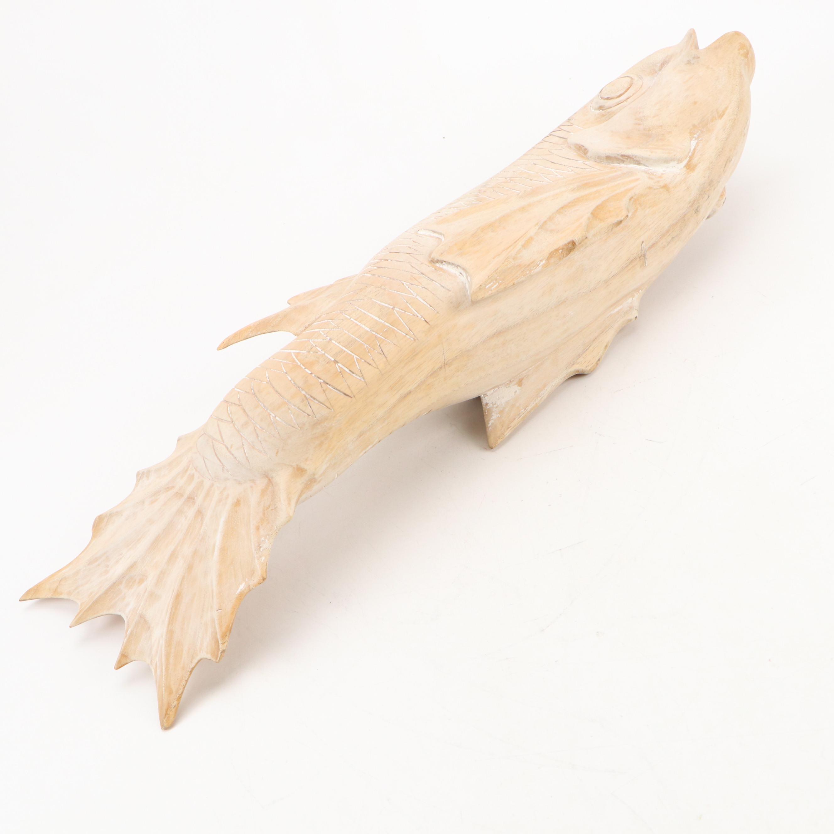 Artist Signed Carved Wooden Koi