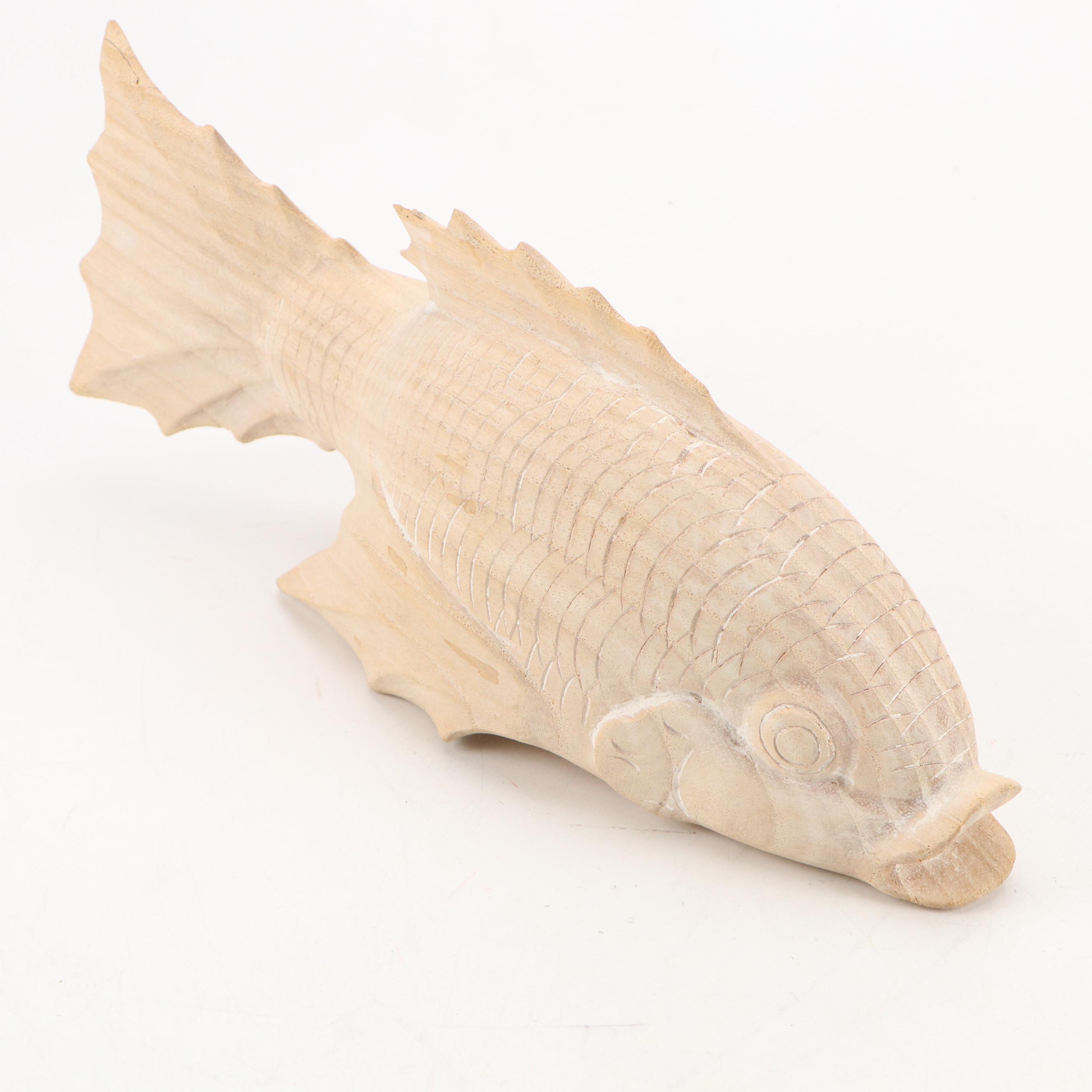 Artist Signed Carved Wooden Koi