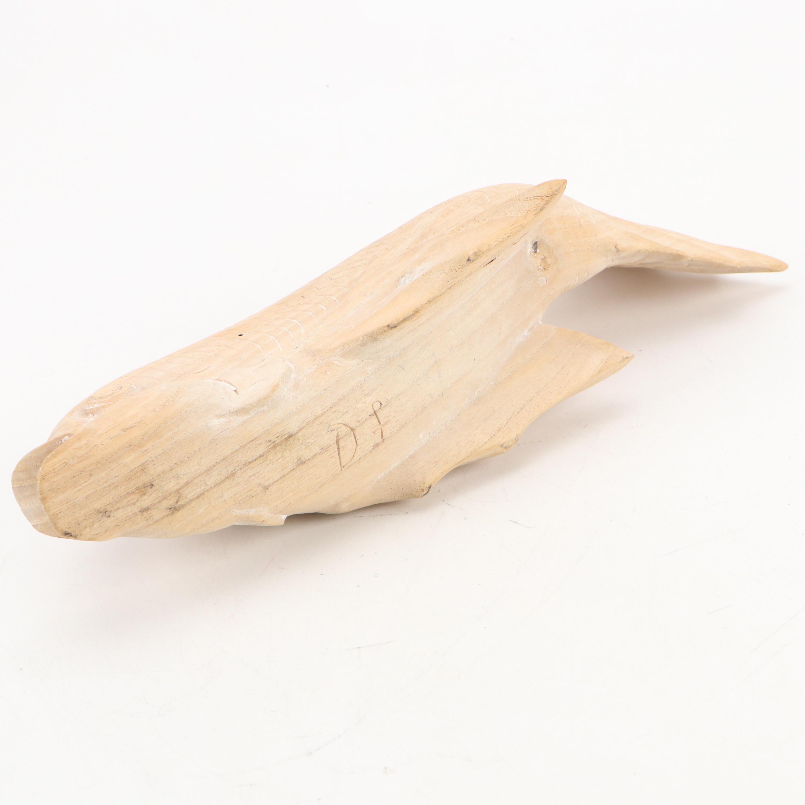 Artist Signed Carved Wooden Koi