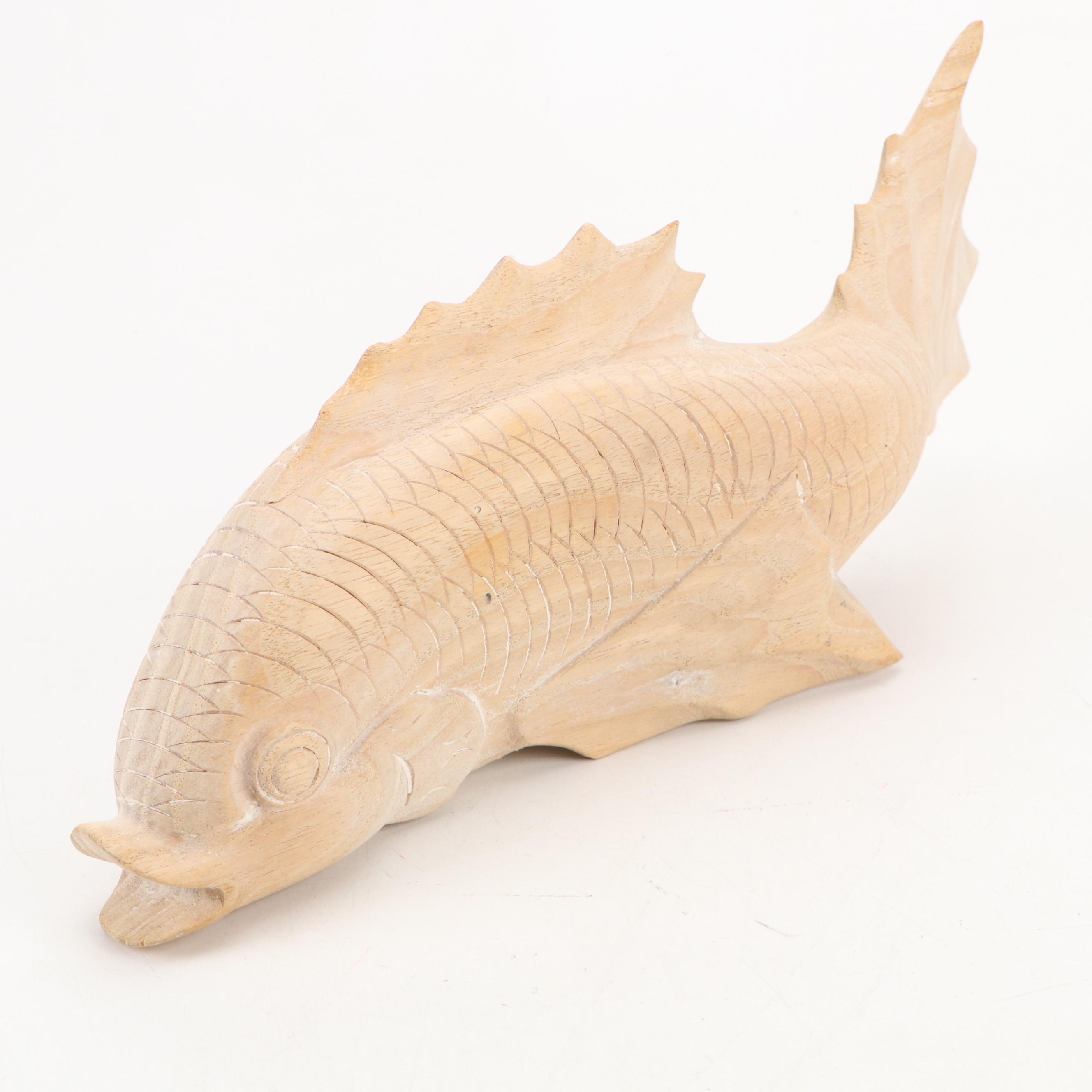 Artist Signed Carved Wooden Koi