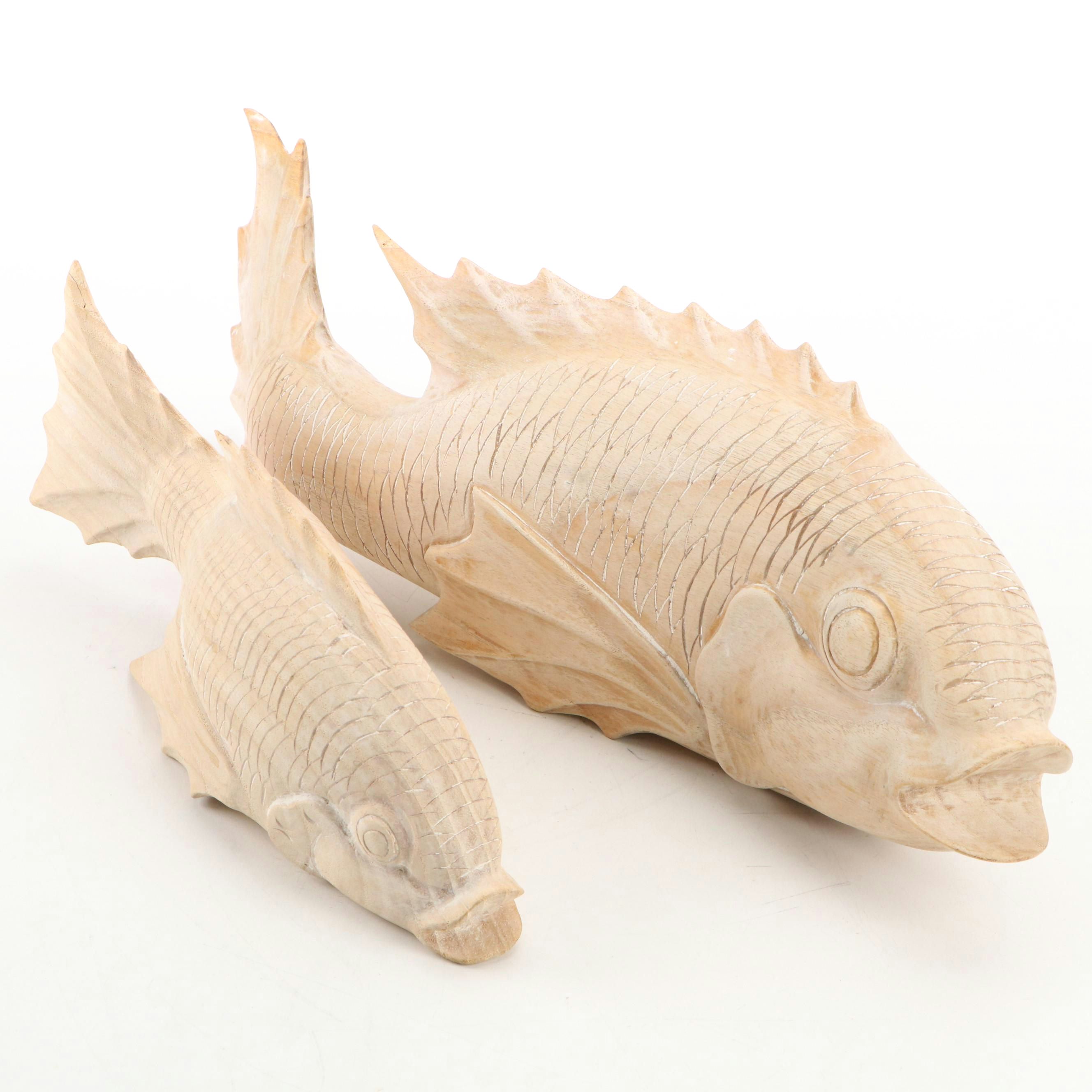 Artist Signed Carved Wooden Koi