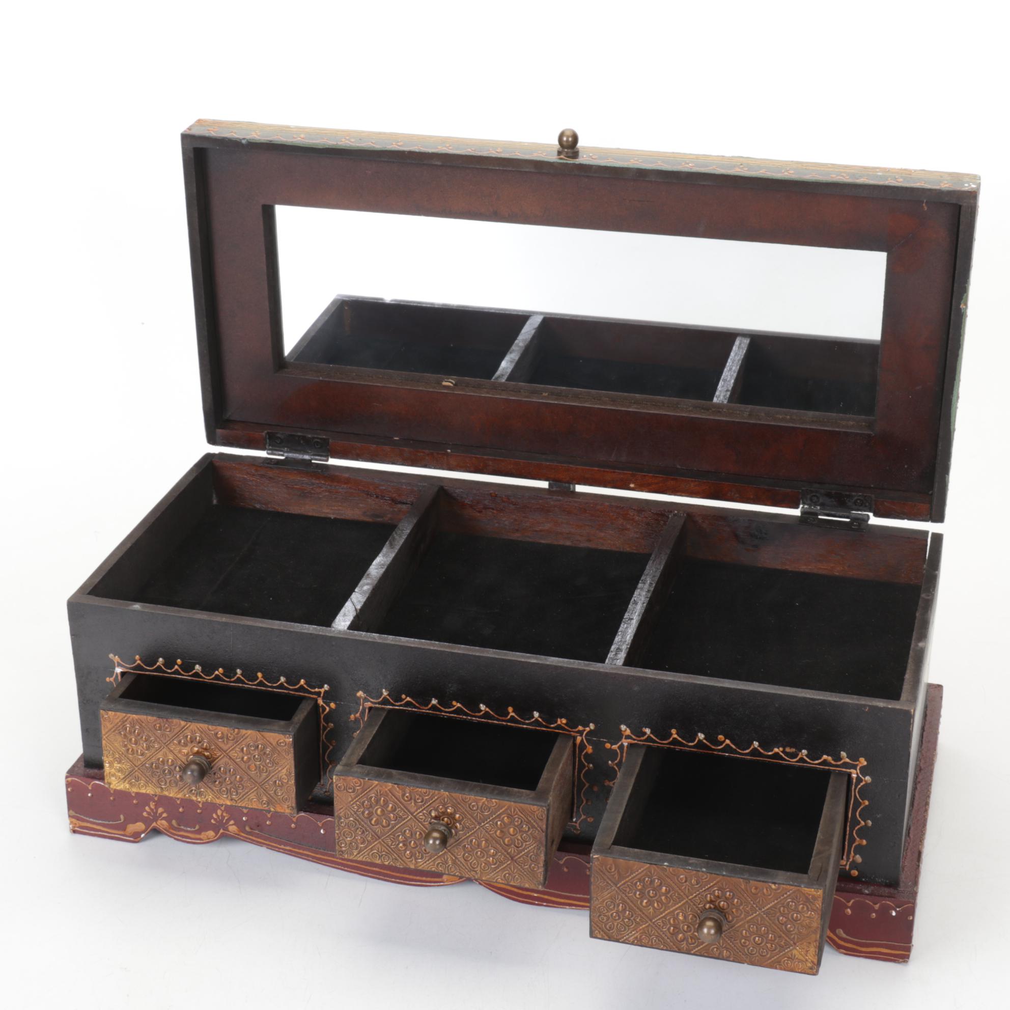 Bohemian Style Hand-Decorated Wooden Jewelry Box with Embossed Motif