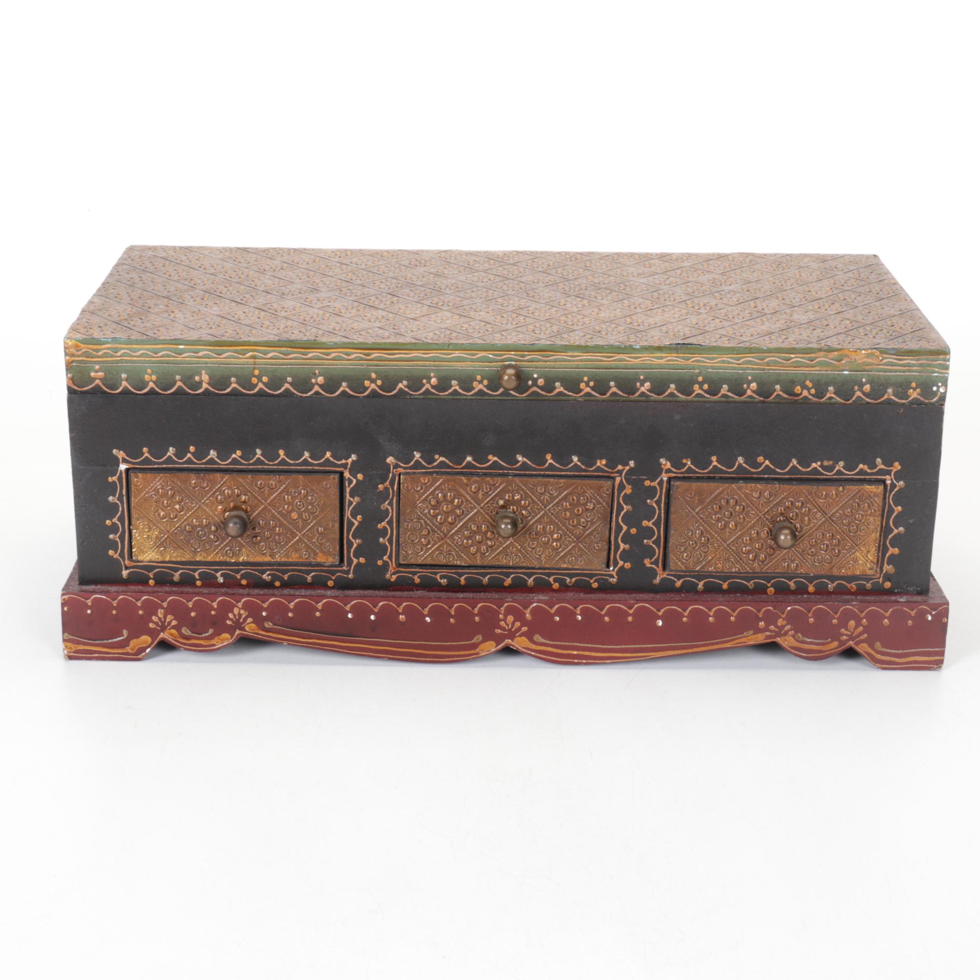 Bohemian Style Hand-Decorated Wooden Jewelry Box with Embossed Motif