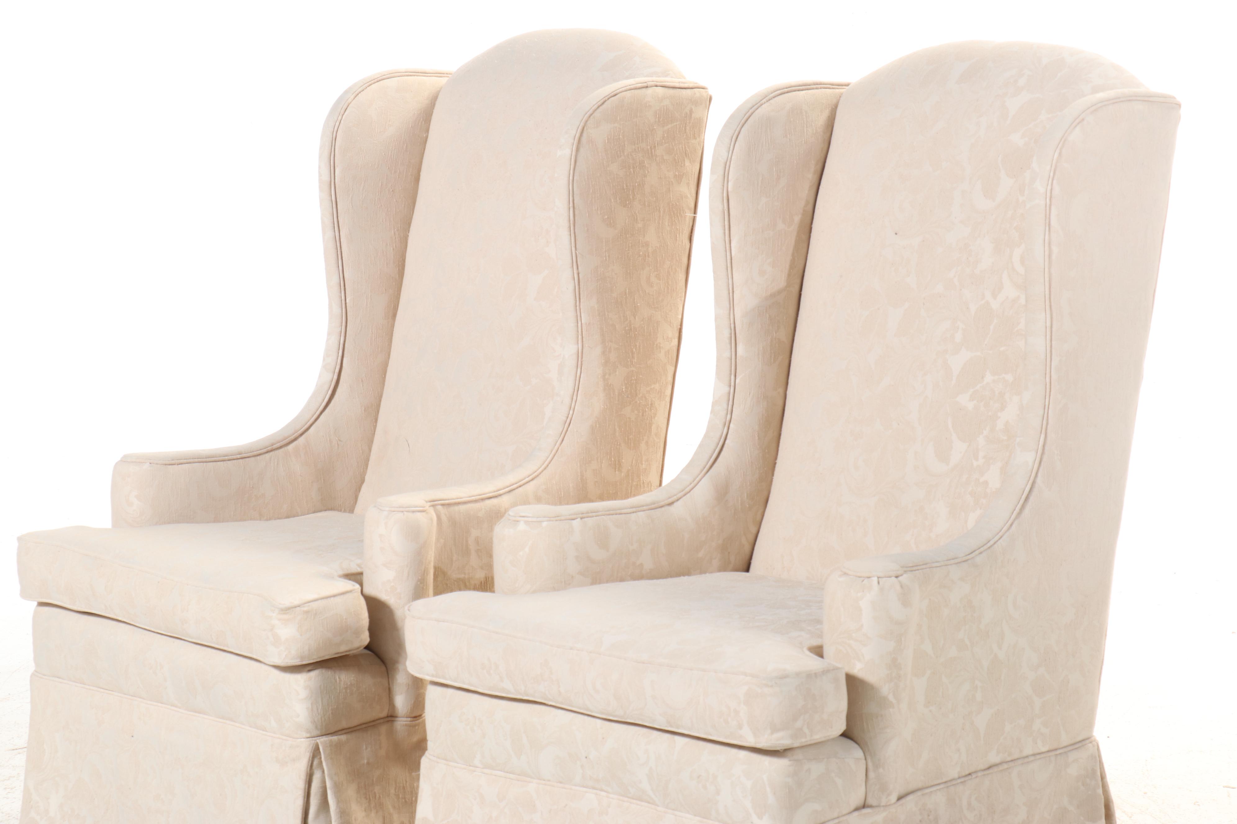 Pair of Ivory Damask Upholstered and Skirted Wingback Chairs