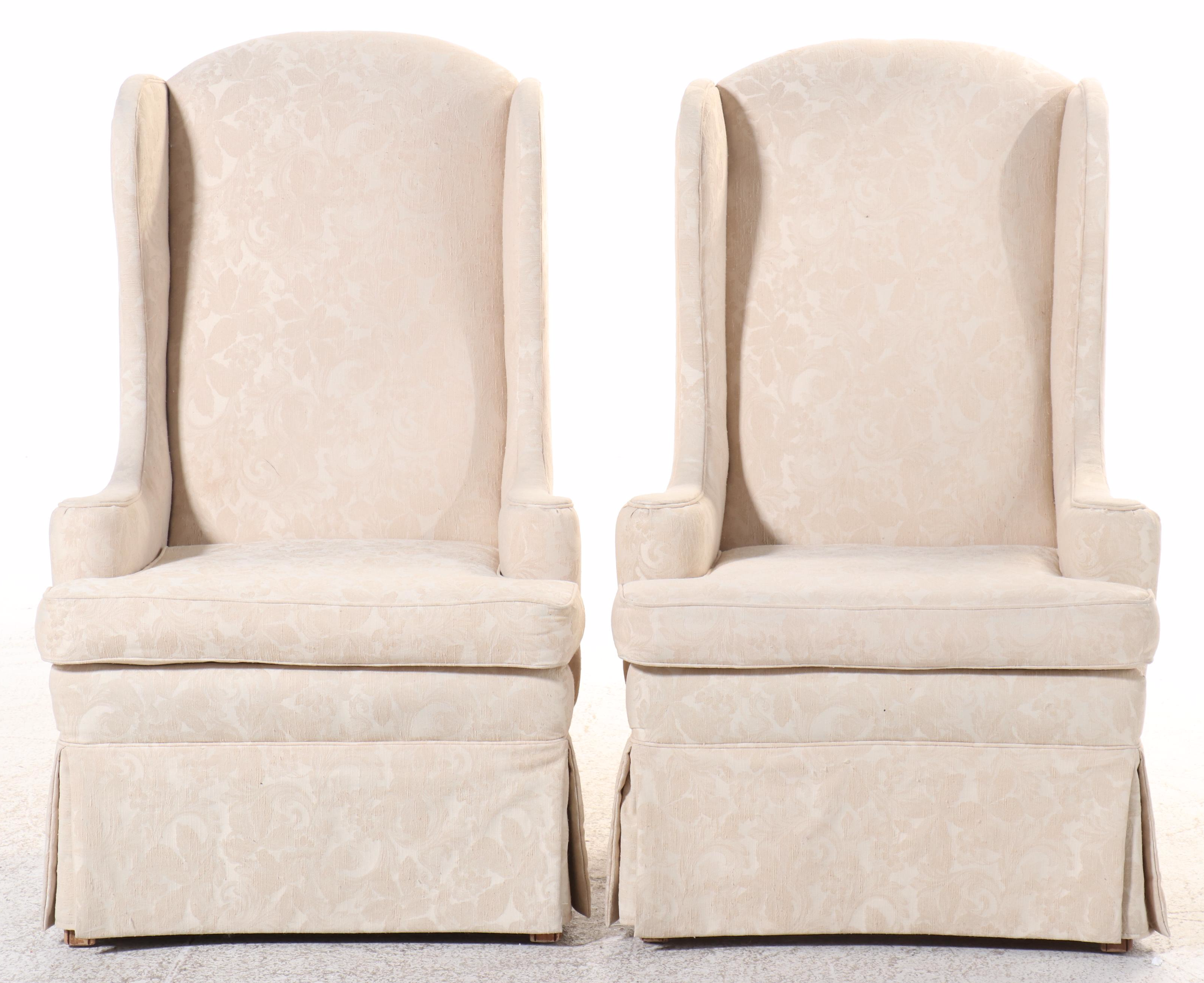 Pair of Ivory Damask Upholstered and Skirted Wingback Chairs