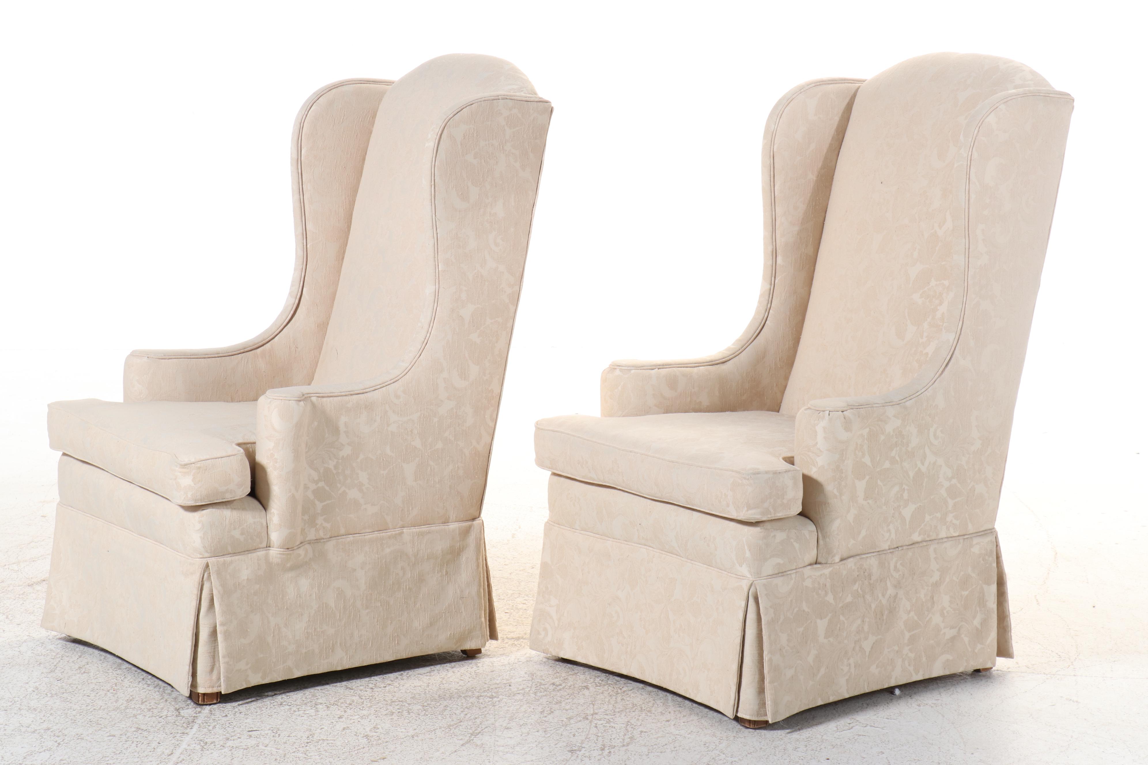 Pair of Ivory Damask Upholstered and Skirted Wingback Chairs
