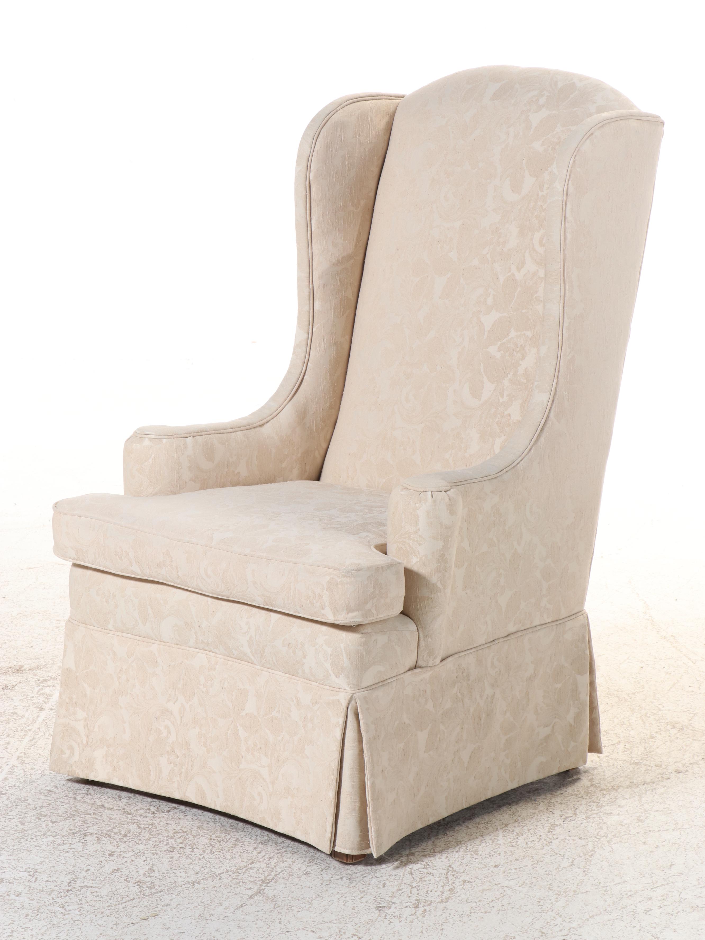 Pair of Ivory Damask Upholstered and Skirted Wingback Chairs