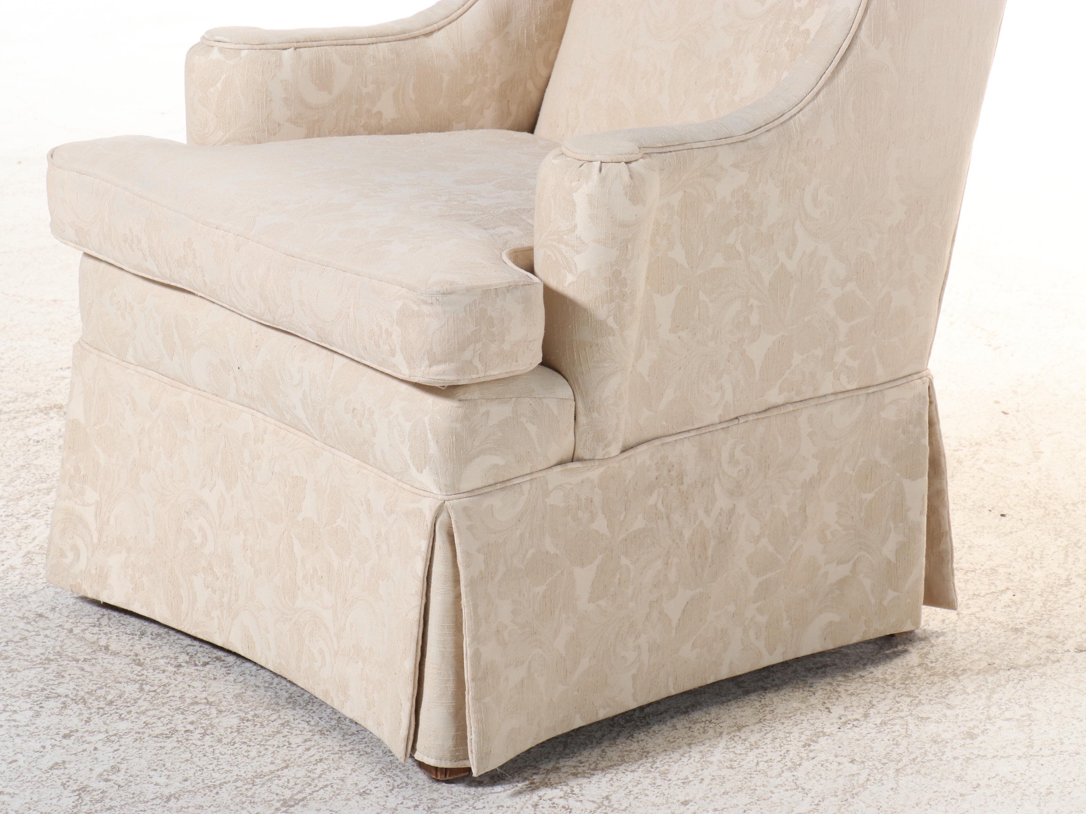 Pair of Ivory Damask Upholstered and Skirted Wingback Chairs