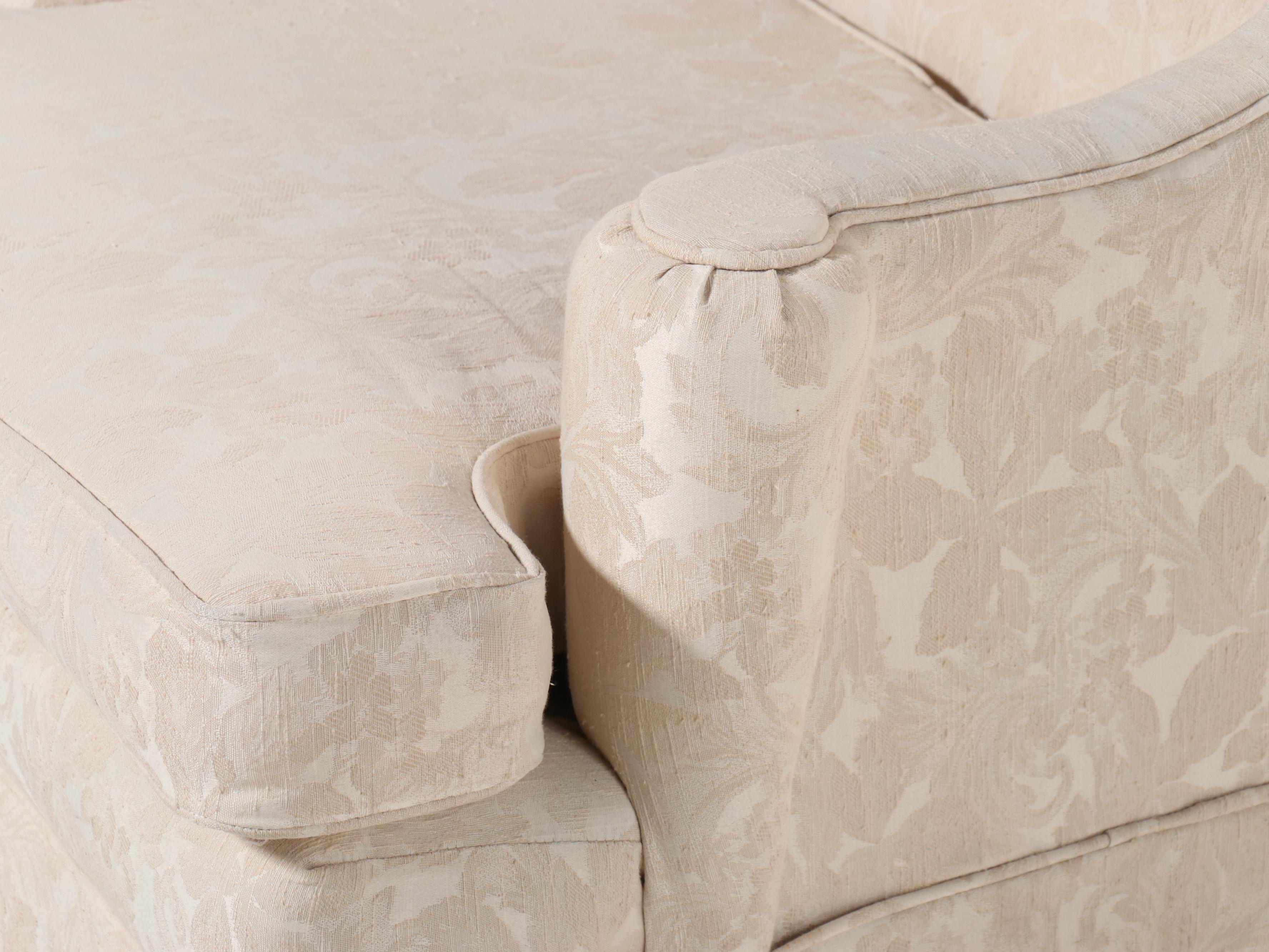 Pair of Ivory Damask Upholstered and Skirted Wingback Chairs