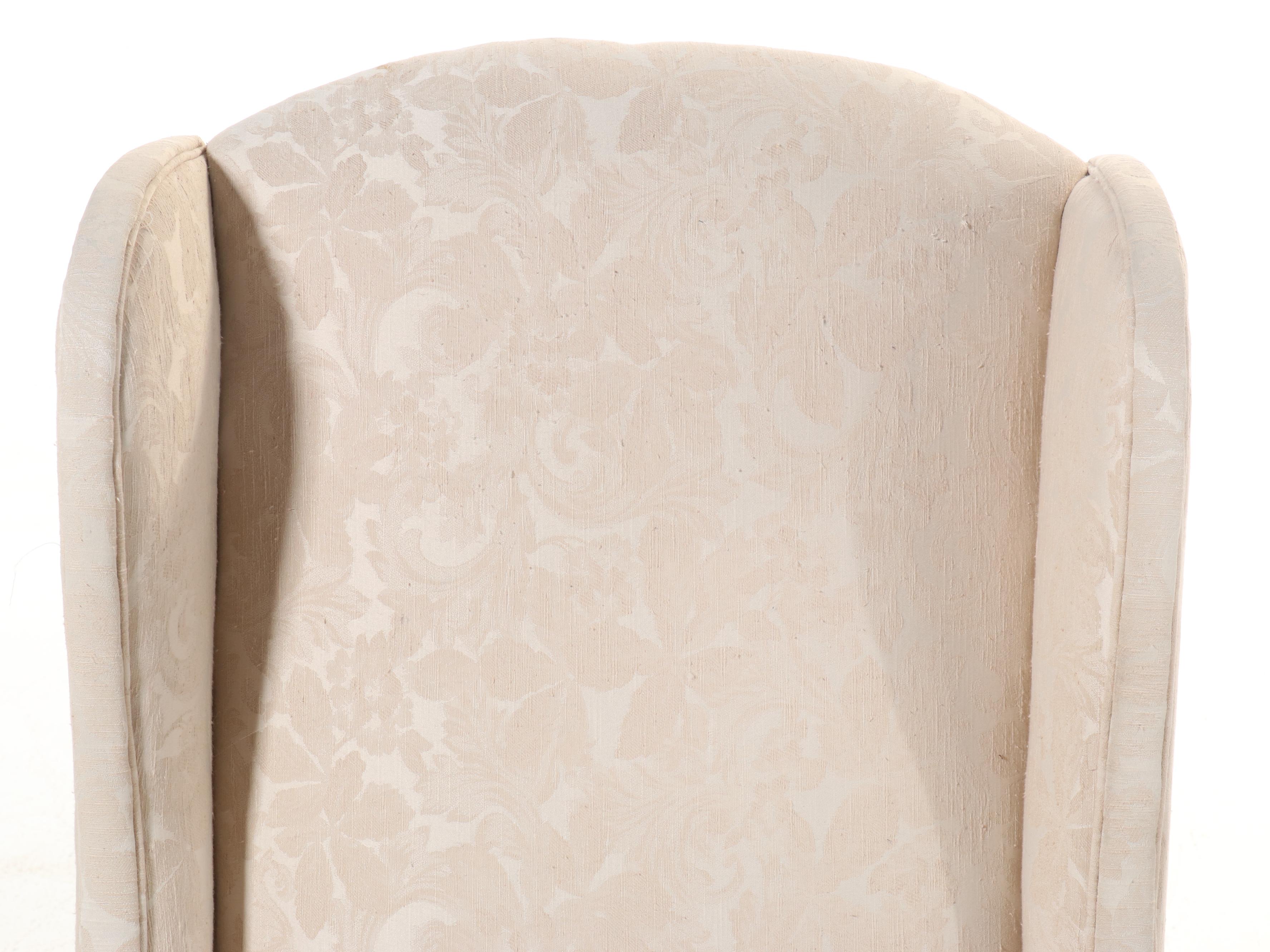Pair of Ivory Damask Upholstered and Skirted Wingback Chairs