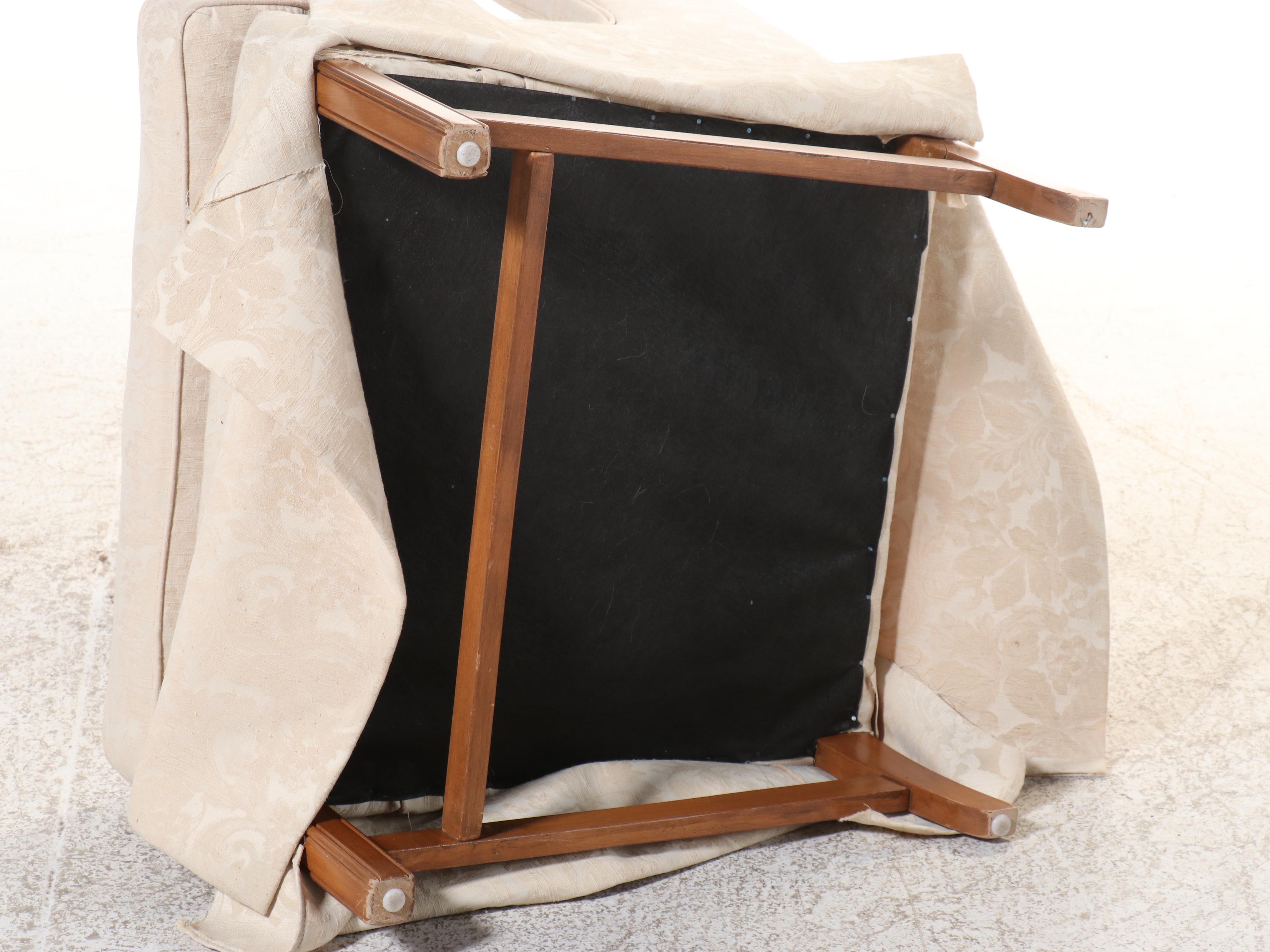 Pair of Ivory Damask Upholstered and Skirted Wingback Chairs