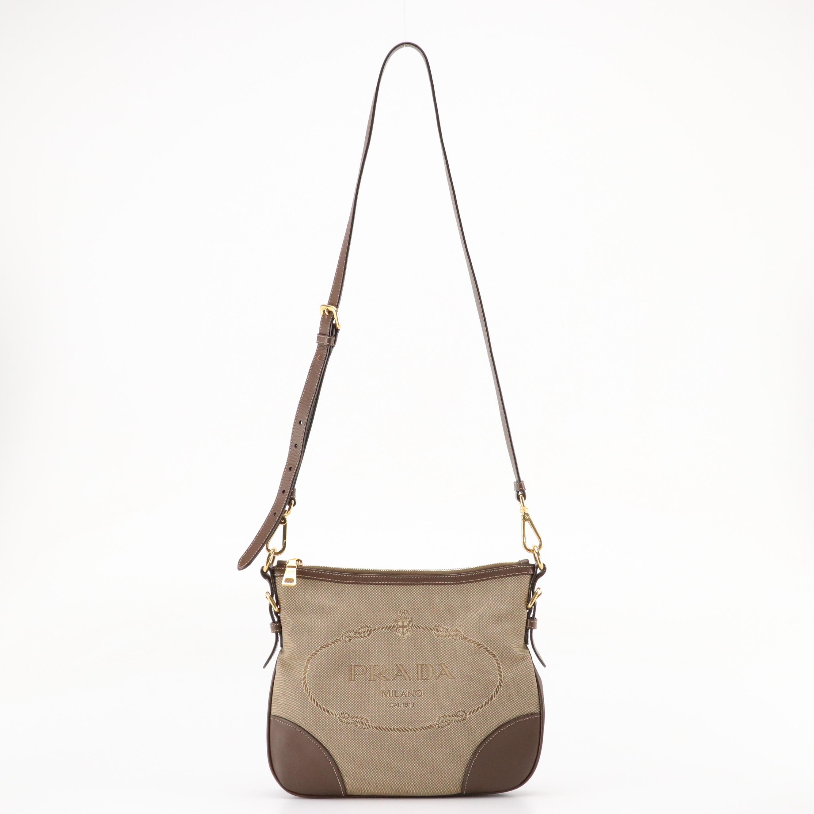 Prada Canapa Jacquard Canvas Crossbody Bag with Leather Trim