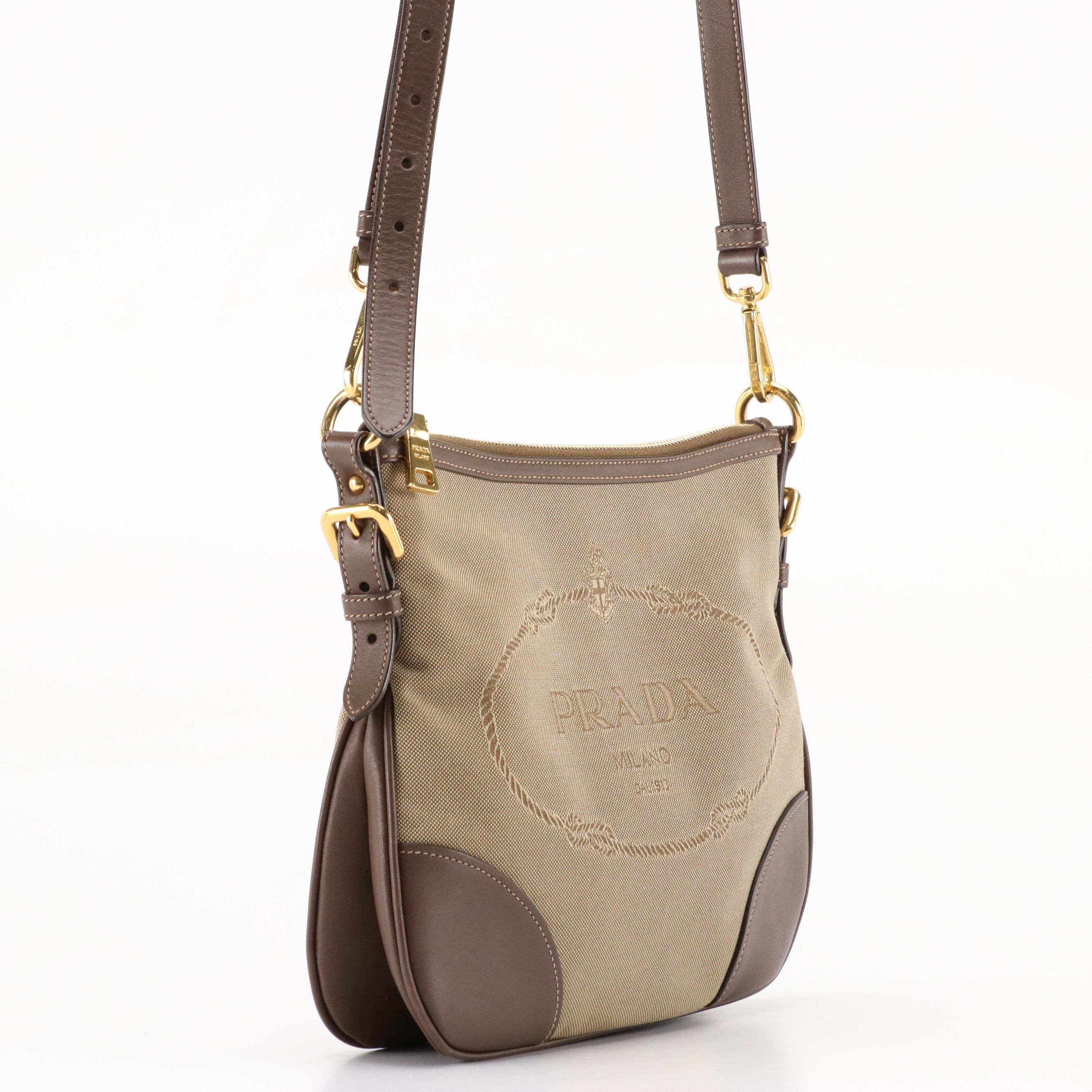 Prada Canapa Jacquard Canvas Crossbody Bag with Leather Trim