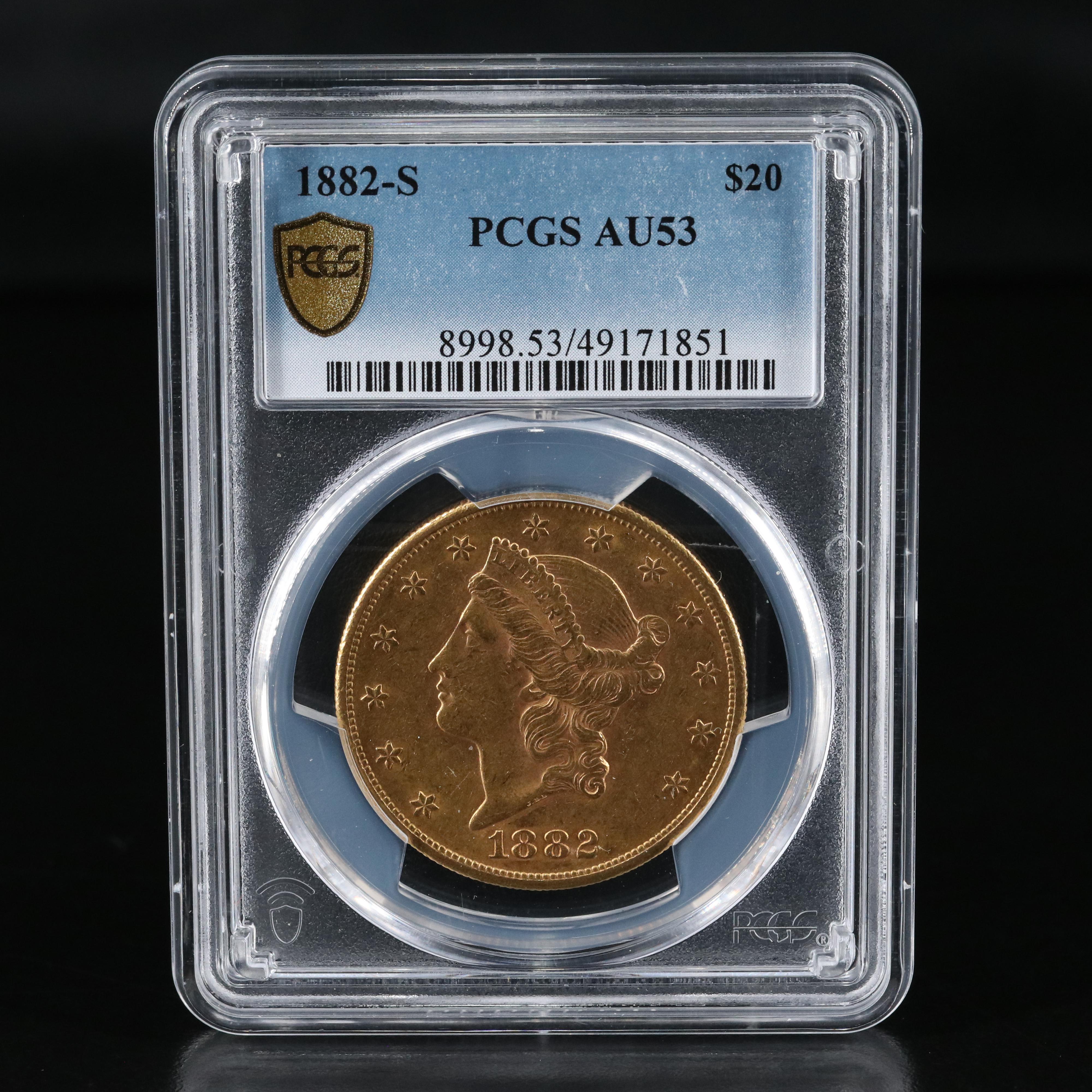 PCGS AU53 1882-S Liberty Head $20 Gold Coin
