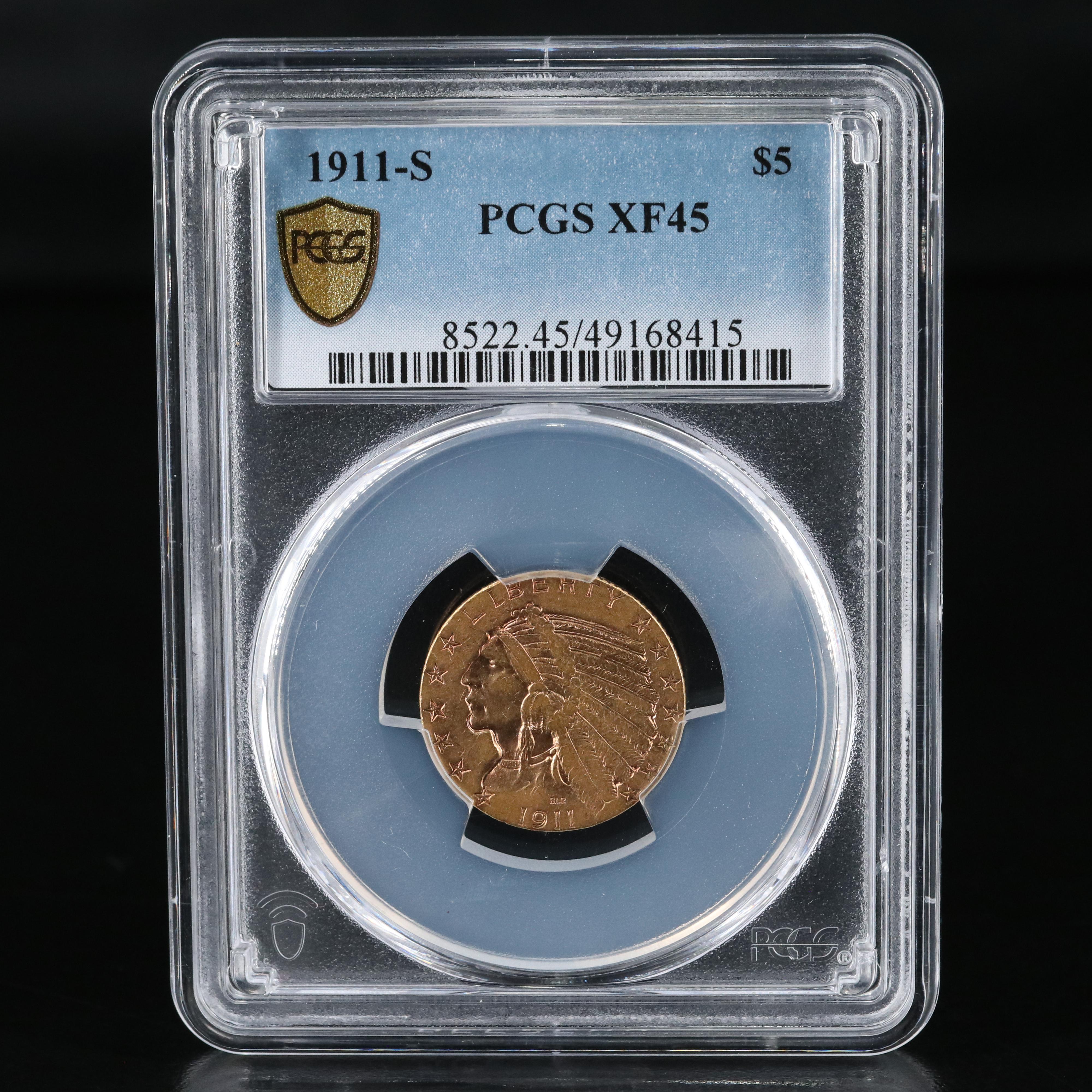 PCGS Graded XF-45 1911-S Indian Head $5 Gold Half Eagle